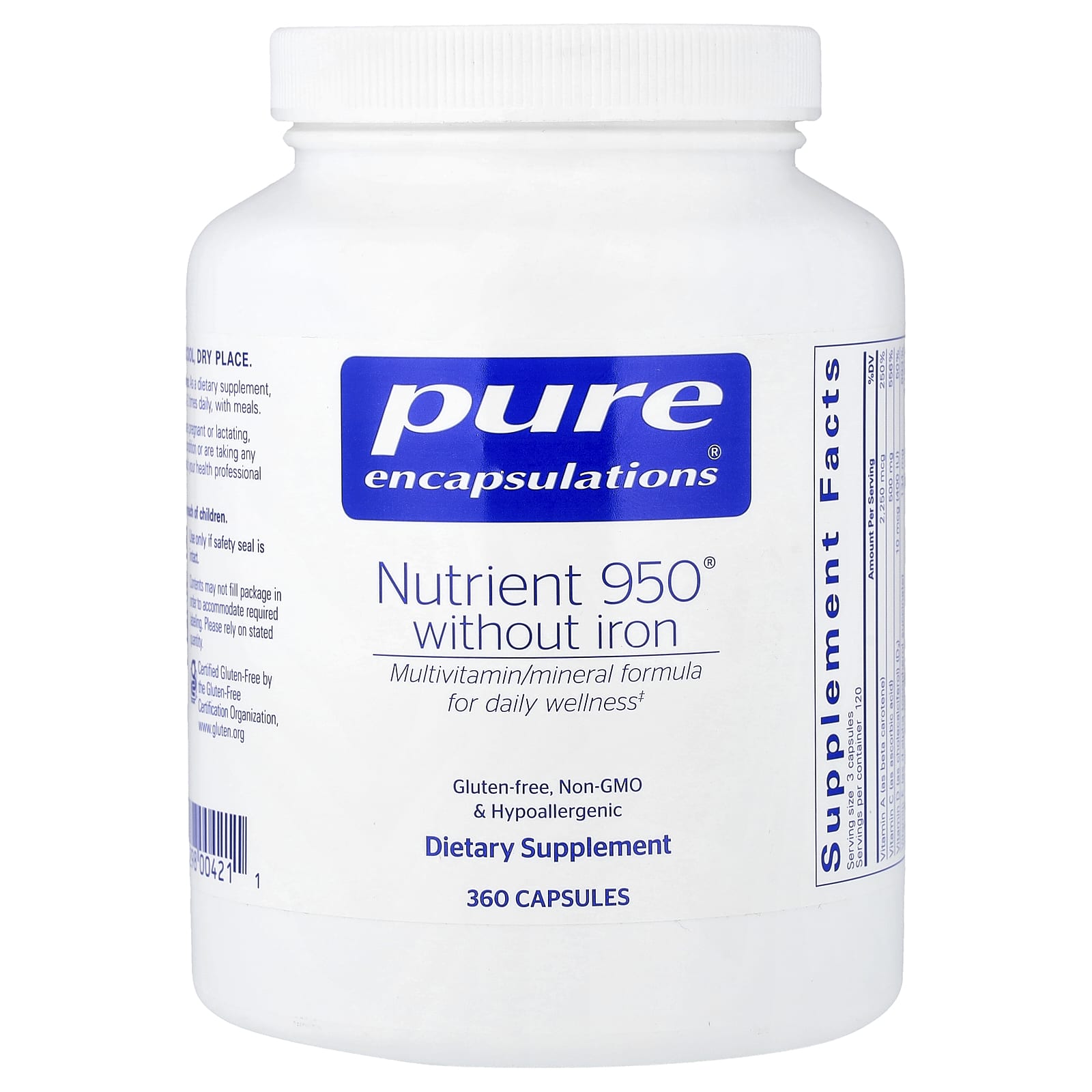 Железо Pure Encapsulations Nutrient 950® Without, 360 капсул