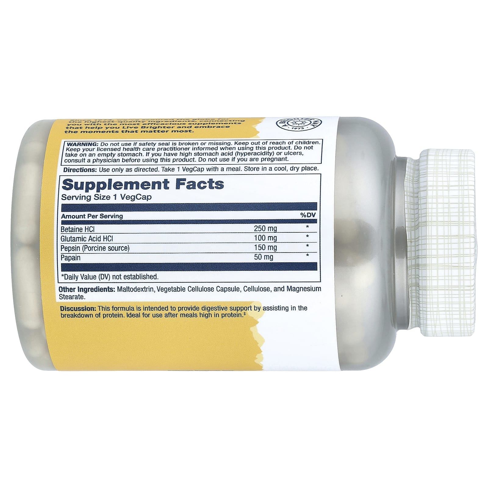 Бетаин HCl Solaray with Pepsin, 180 растительных капсул