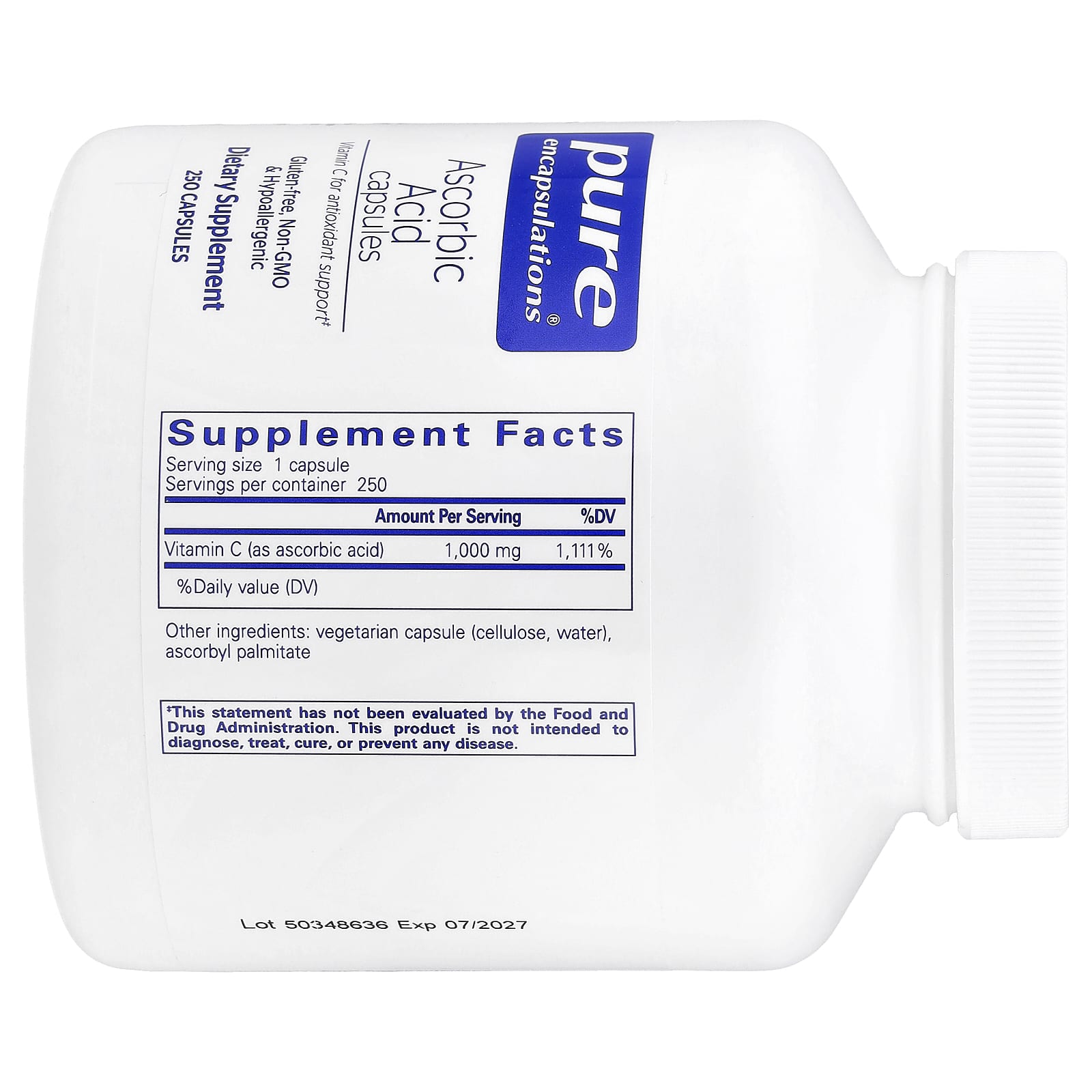 Аскорбиновая кислота Pure Encapsulations, 250 капсул по 1000 мг — фото 2