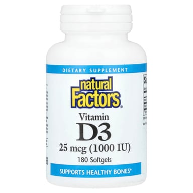 Витамин D3 Natural Factors, 25 мкг (1000 МЕ), 180 мягких капсул