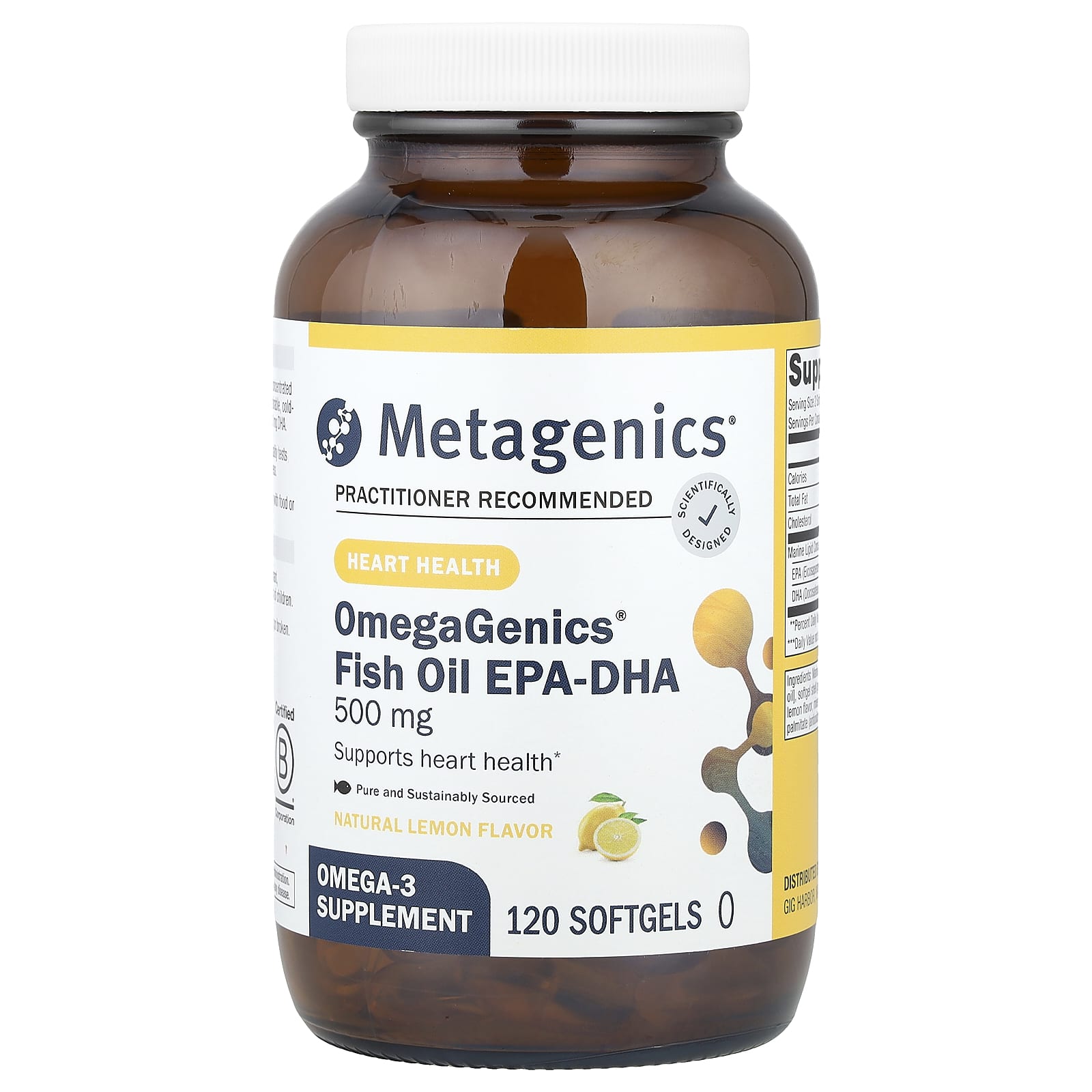 Рыбий жир Metagenics OmegaGenics® EPA-DHA, вкус Natural Lemon, 500 мг, 120 мягких капсул