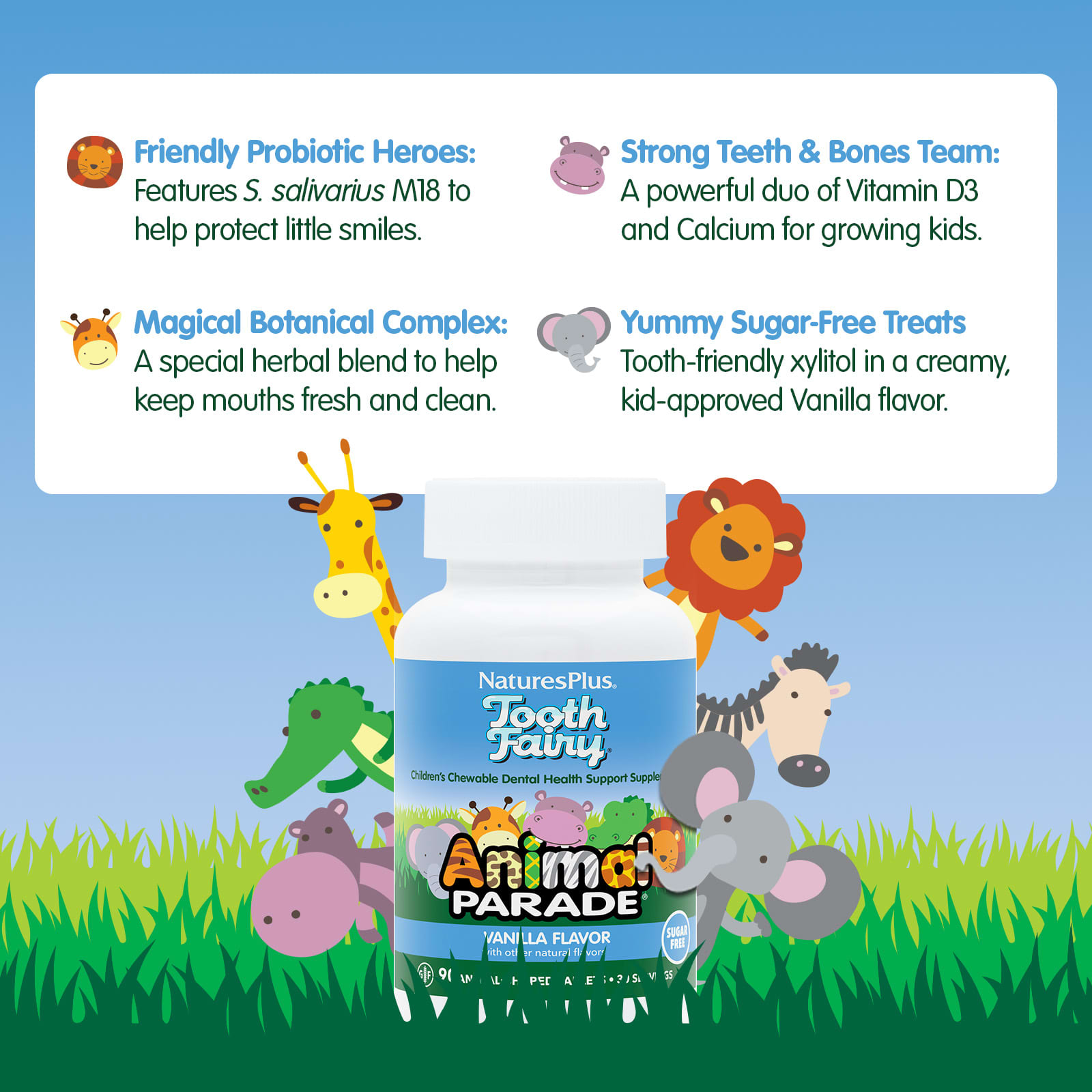 Детский NaturesPlus Animal Parade® Tooth Fairy® Chewable Dental Health Support Supplement, вкус Vanilla, 90 жевательных таблеток в форме животных — фото 3