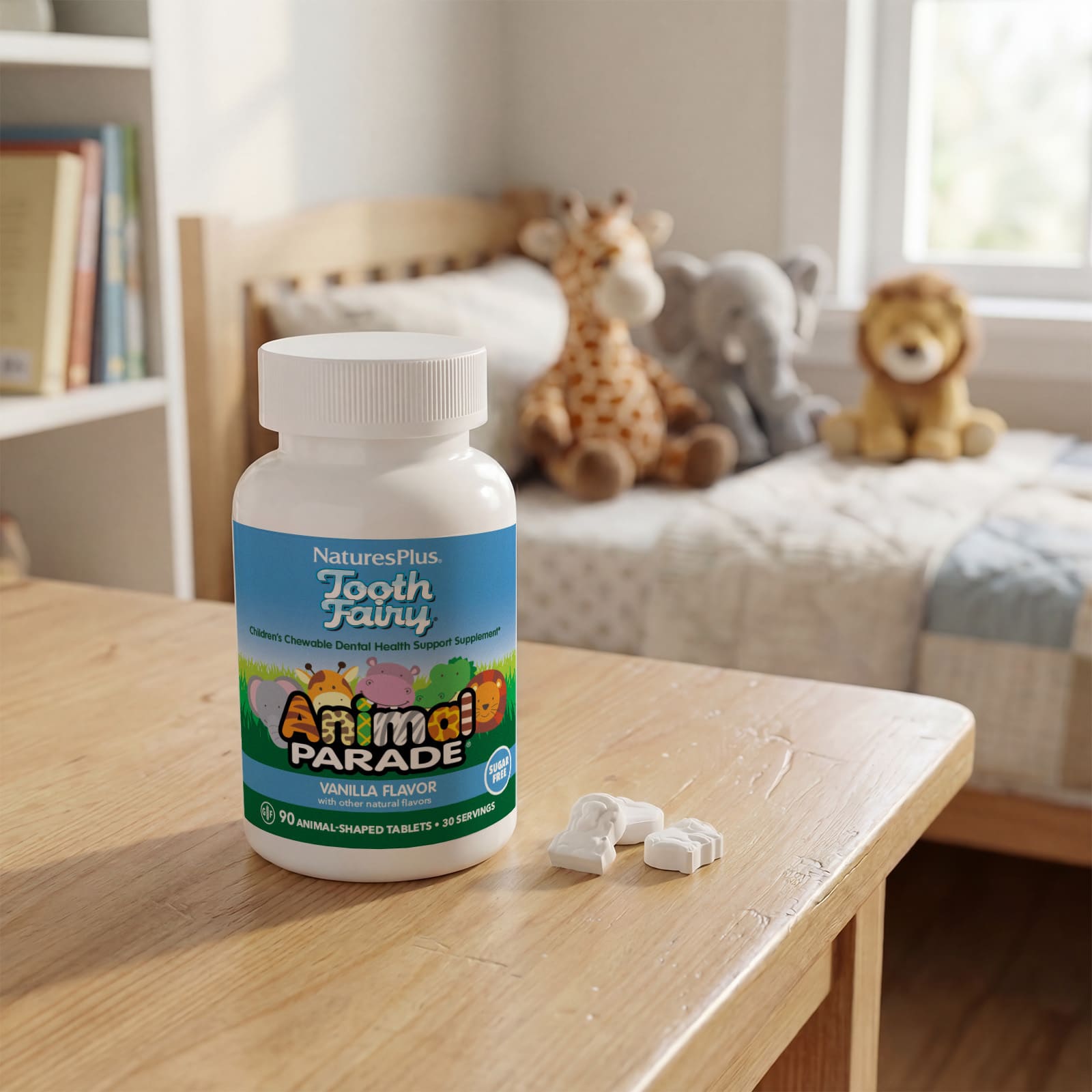 Детский NaturesPlus Animal Parade® Tooth Fairy® Chewable Dental Health Support Supplement, вкус Vanilla, 90 жевательных таблеток в форме животных — фото 5