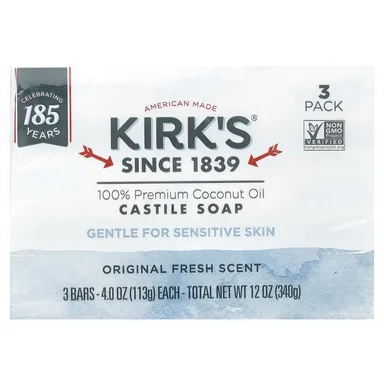Фото товара: Кастильское мыло Kirk's Original Fresh, аромат «100% Premium Coconut Oil Castile Bar Soap», 113 г, 3 шт.