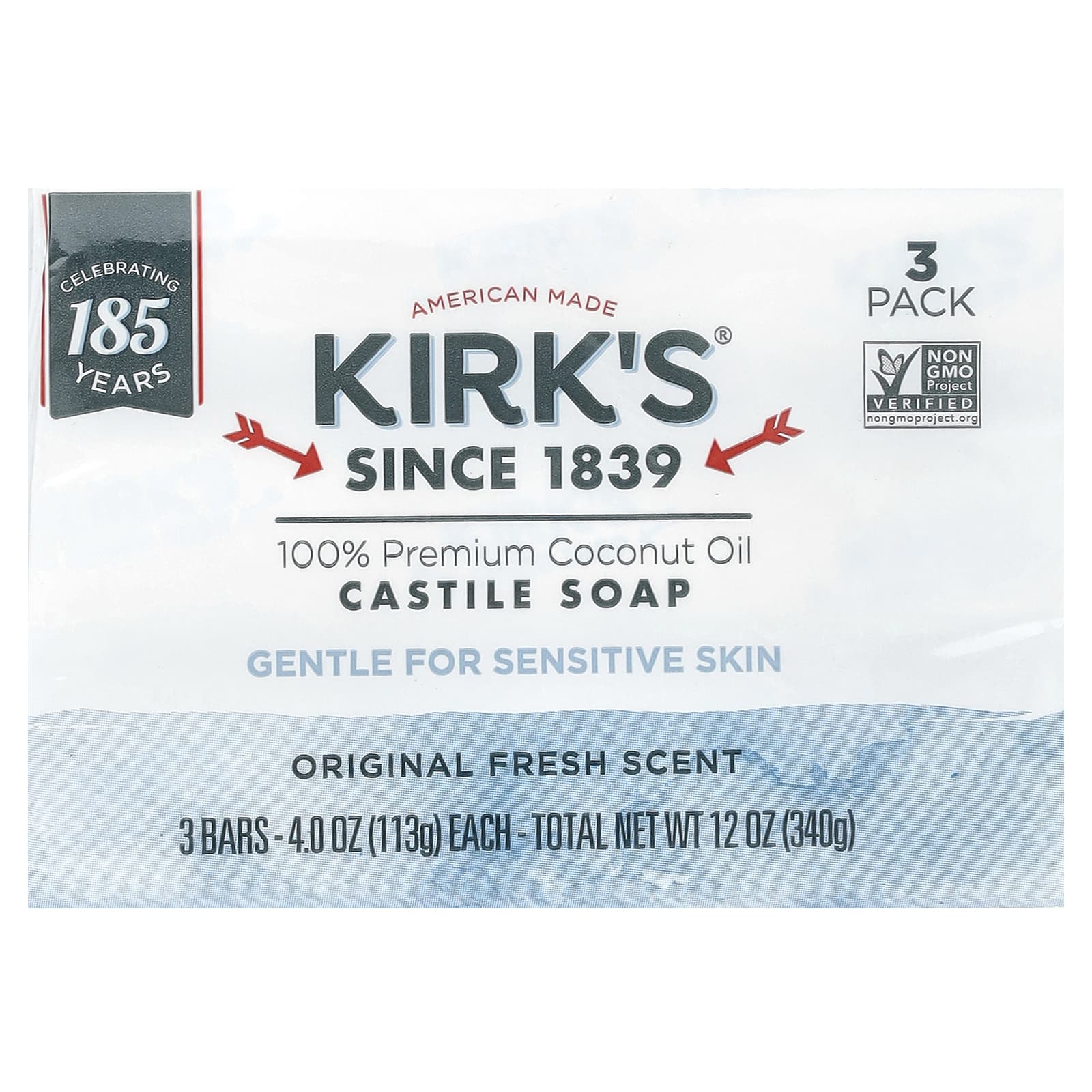 Кастильское мыло Kirk's Original Fresh, вкус 100% Premium Coconut Oil Castile Bar Soap, 113 г, 3 шт. — фото 3