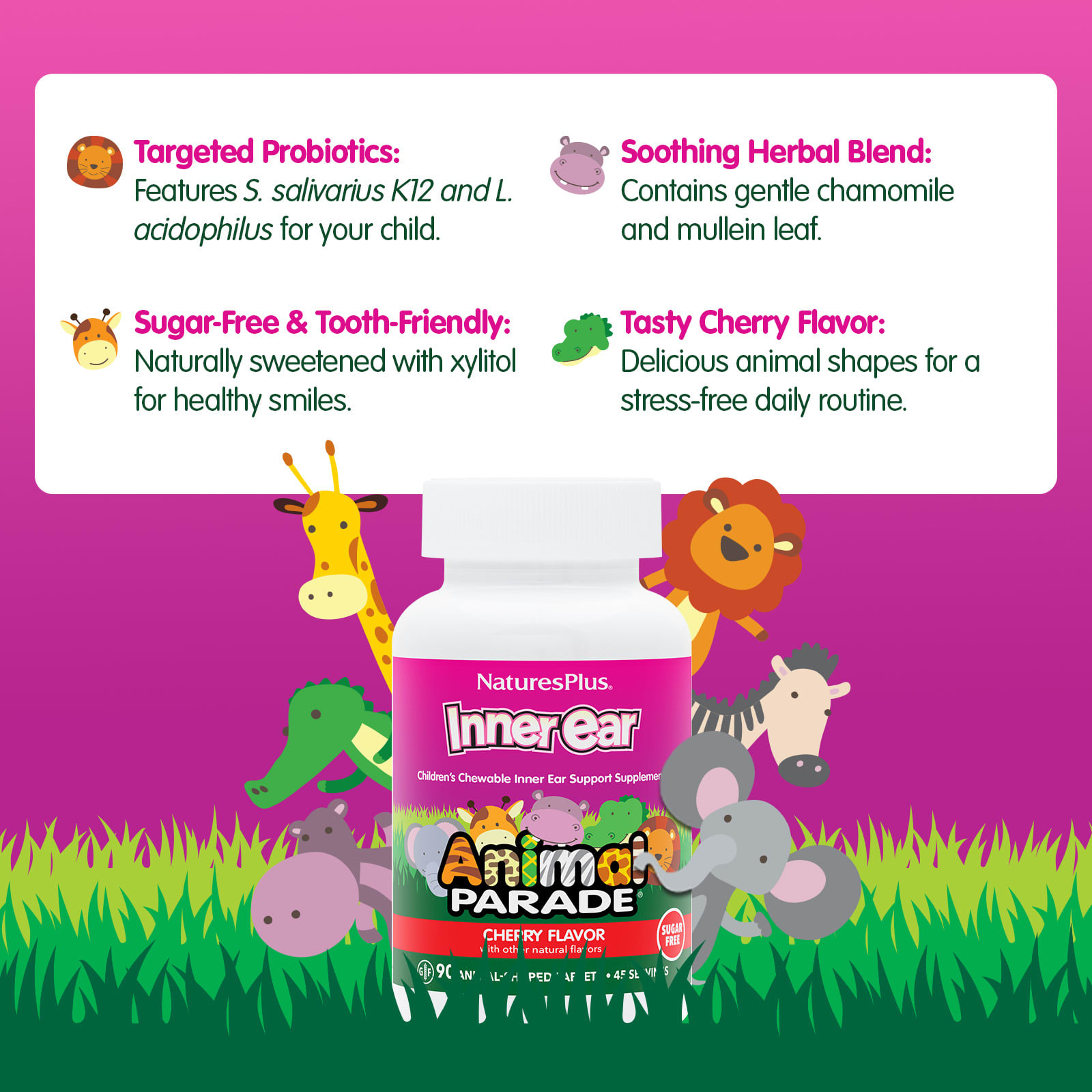 Детский NaturesPlus Animal Parade Inner Ear Chewable, вкус Cherry, 90 жевательных таблеток в форме животных — фото 3