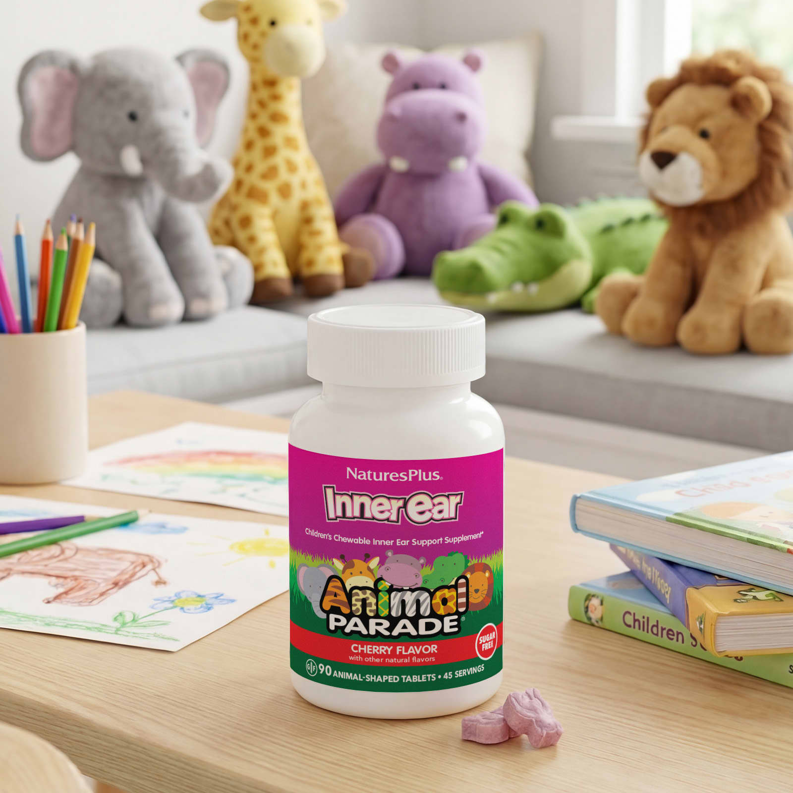 Детский NaturesPlus Animal Parade Inner Ear Chewable, вкус Cherry, 90 жевательных таблеток в форме животных — фото 5