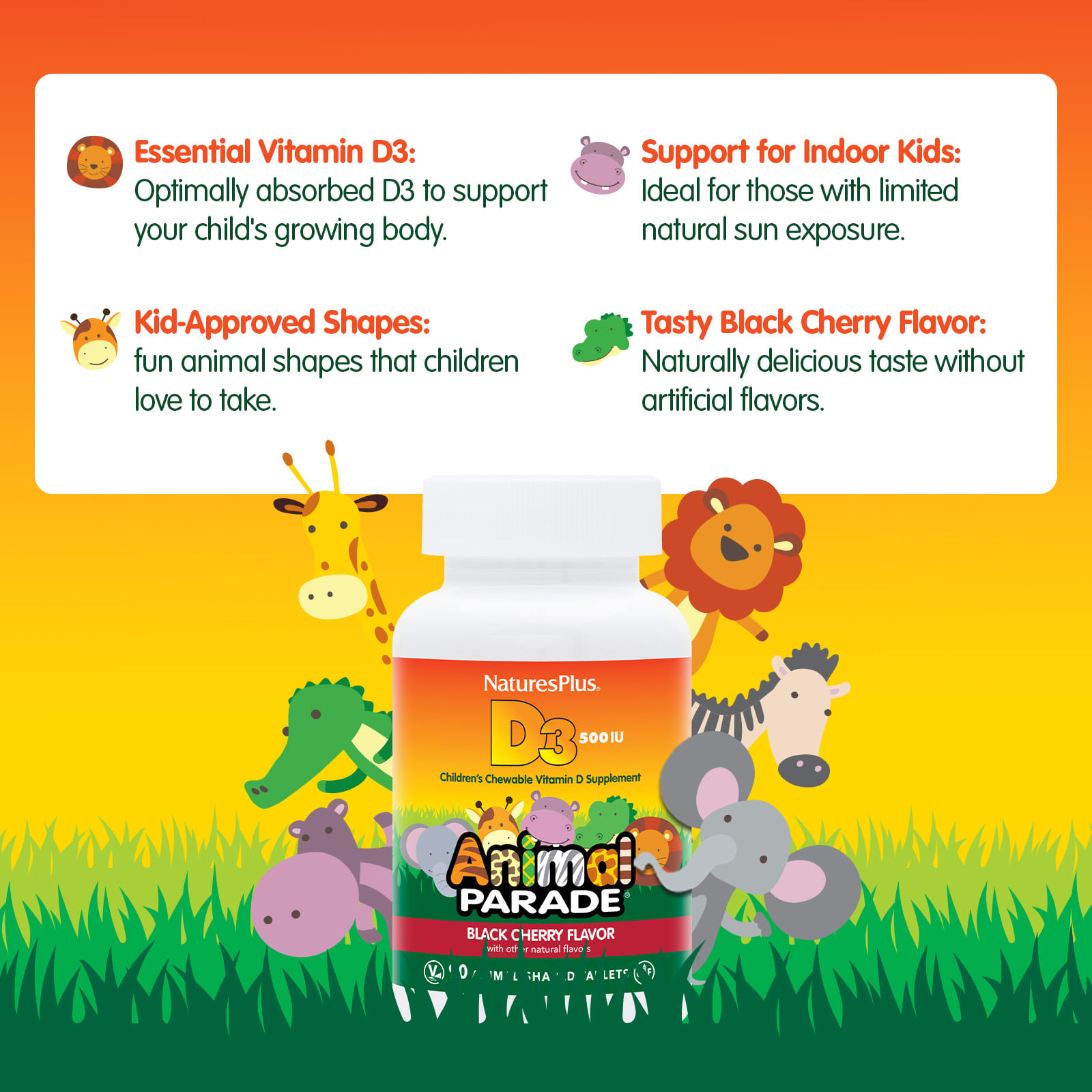 Детский жевательный витамин D3 NaturesPlus Animal Parade®, 12.5 мкг (500 МЕ), 90 жевательных таблеток в форме животных — фото 6