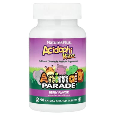 Детский NaturesPlus Animal Parade® AcidophiKidz® Chewable Probiotic Berry, 90 жевательных таблеток в форме животных