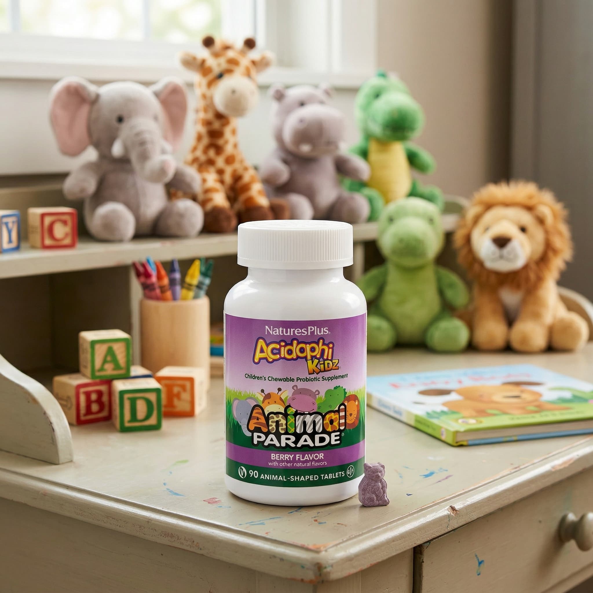Детский NaturesPlus Animal Parade® AcidophiKidz® Chewable Probiotic Berry, 90 жевательных таблеток в форме животных — фото 3