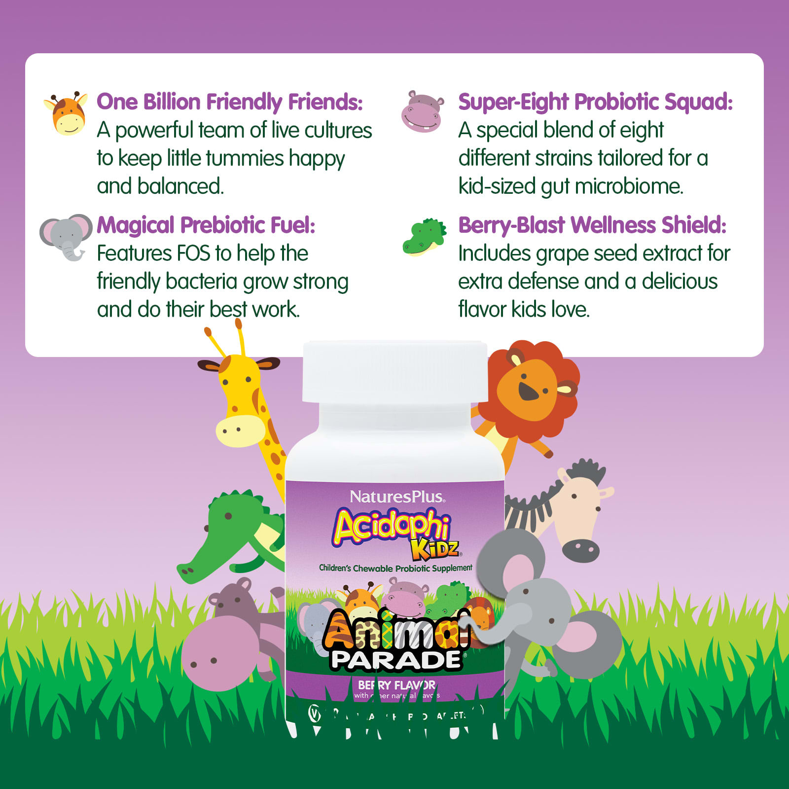 Детский NaturesPlus Animal Parade® AcidophiKidz® Chewable Probiotic Berry, 90 жевательных таблеток в форме животных — фото 4