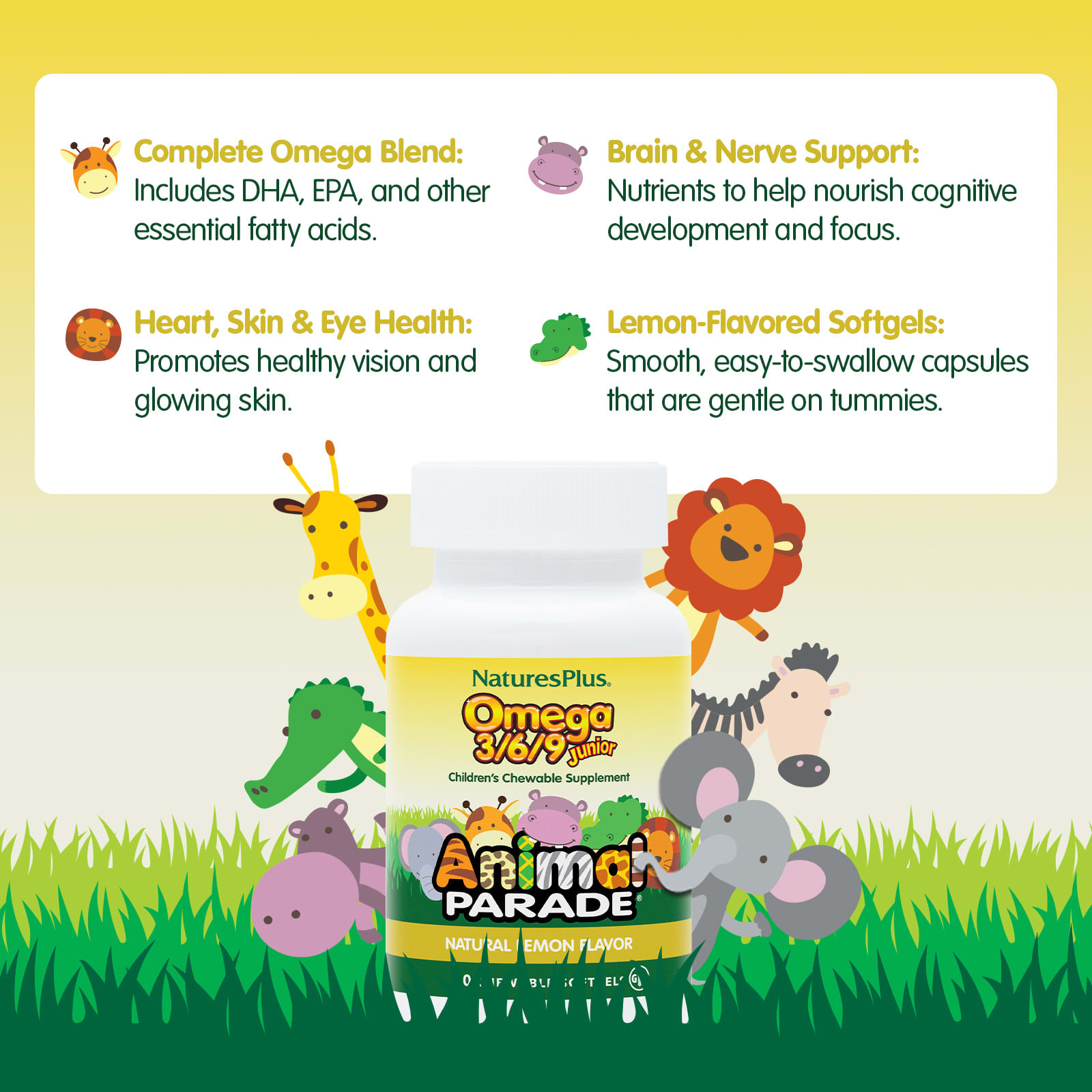 Омега-3 NaturesPlus Animal Parade® /6/9 Junior, вкус Natural Lemon, 90 жевательных мягких капсул — фото 3