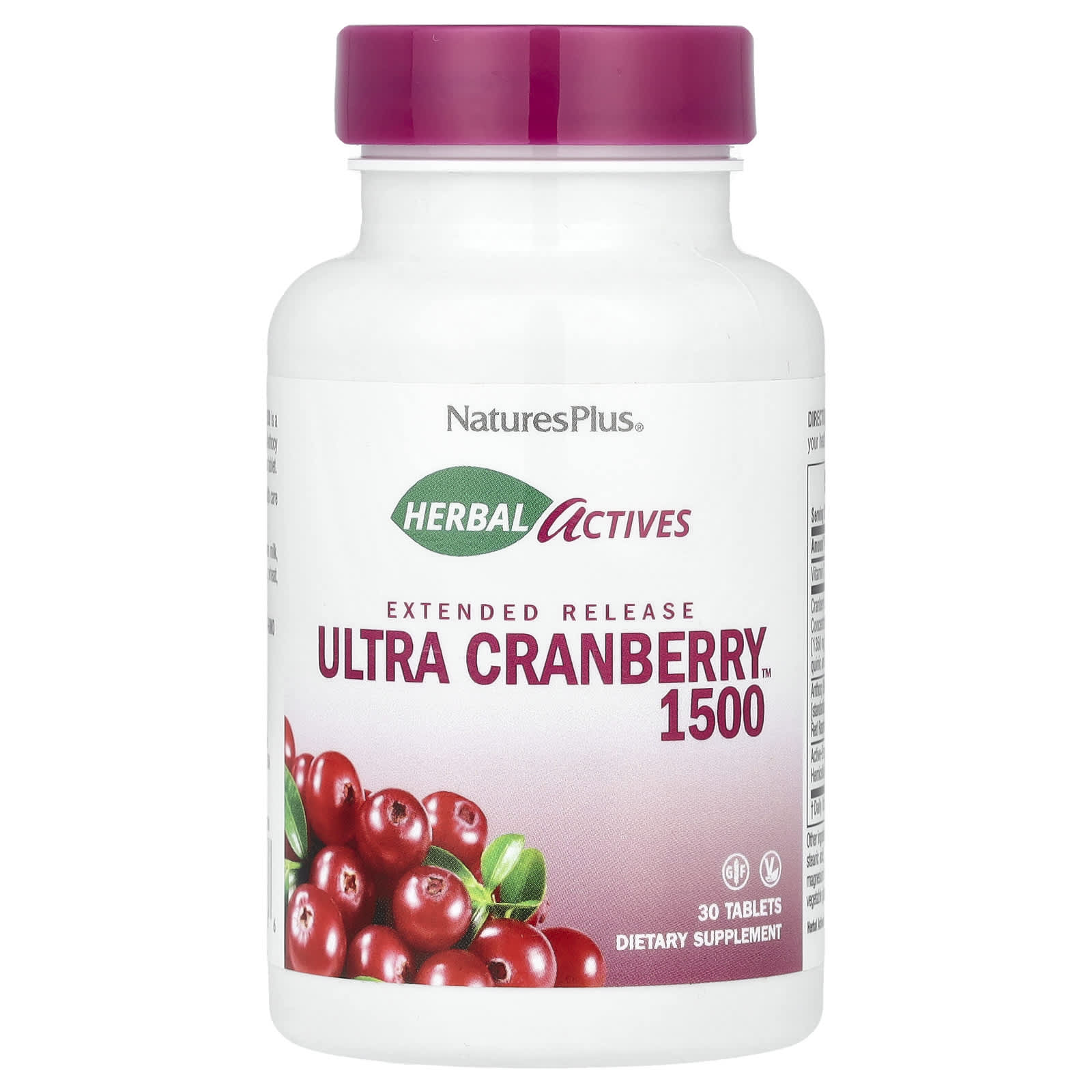 Клюква NaturesPlus Herbal Actives, вкус Ultra Cranberry™ 1500, 30 таблеток