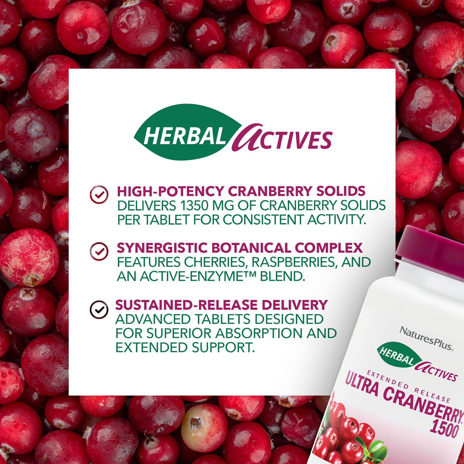 Клюква NaturesPlus Herbal Actives, вкус Ultra Cranberry™ 1500, 30 таблеток — фото 3