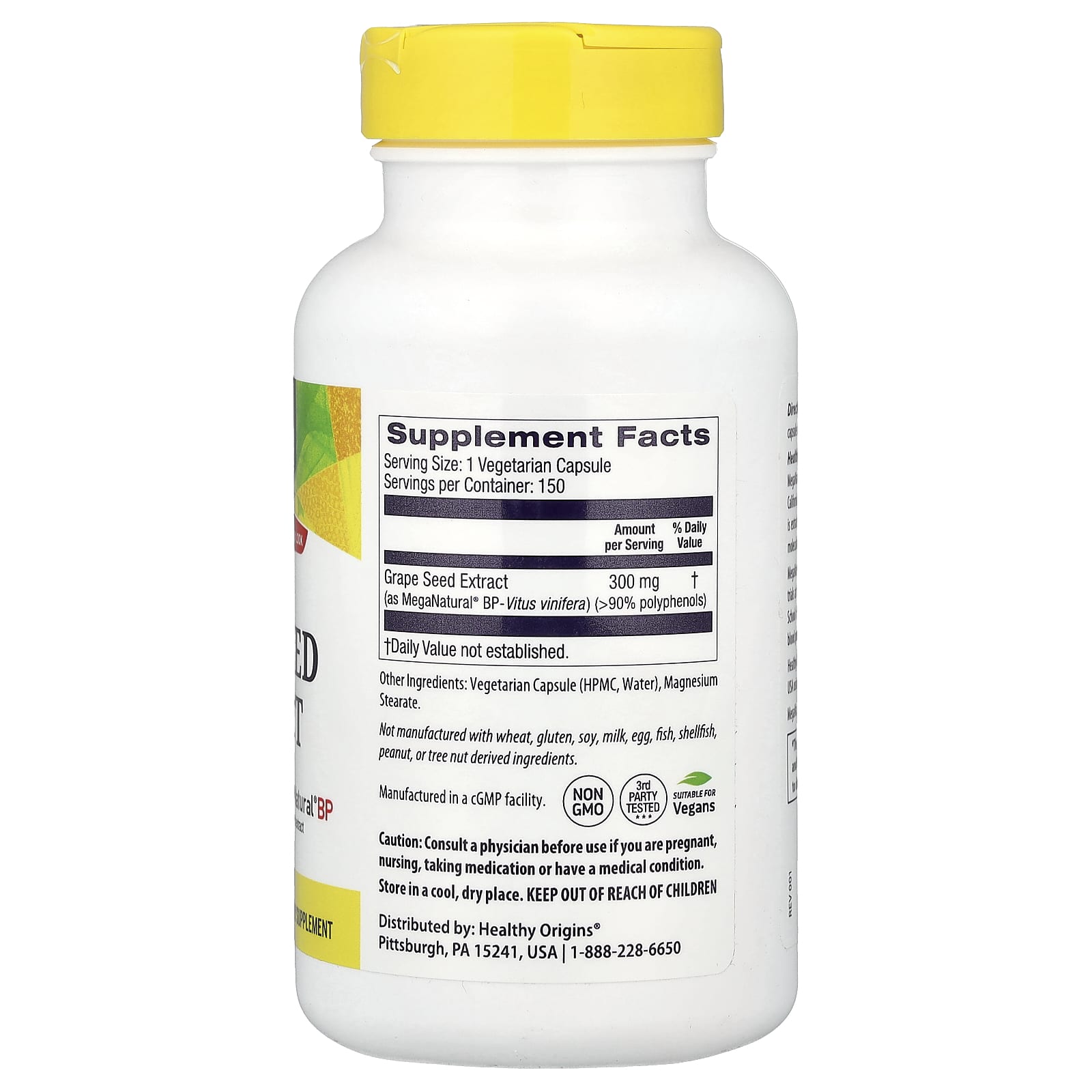 Экстракт виноградных косточек Healthy Origins, вкус Natural Grape Seed Extract, 300 мг, 150 растительных капсул — фото 2