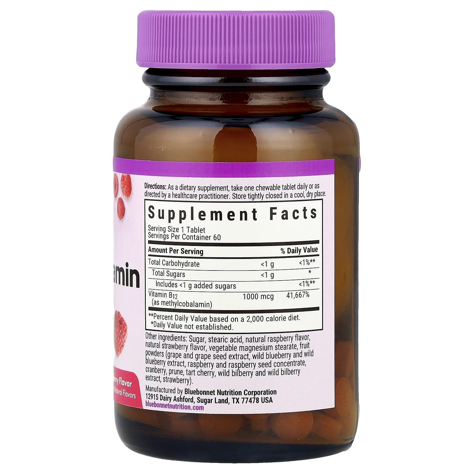 Метил B12 Bluebonnet Nutrition EarthSweet® Chewables, вкус Raspberry, 1000 мкг, 60 жевательных таблеток — фото 2