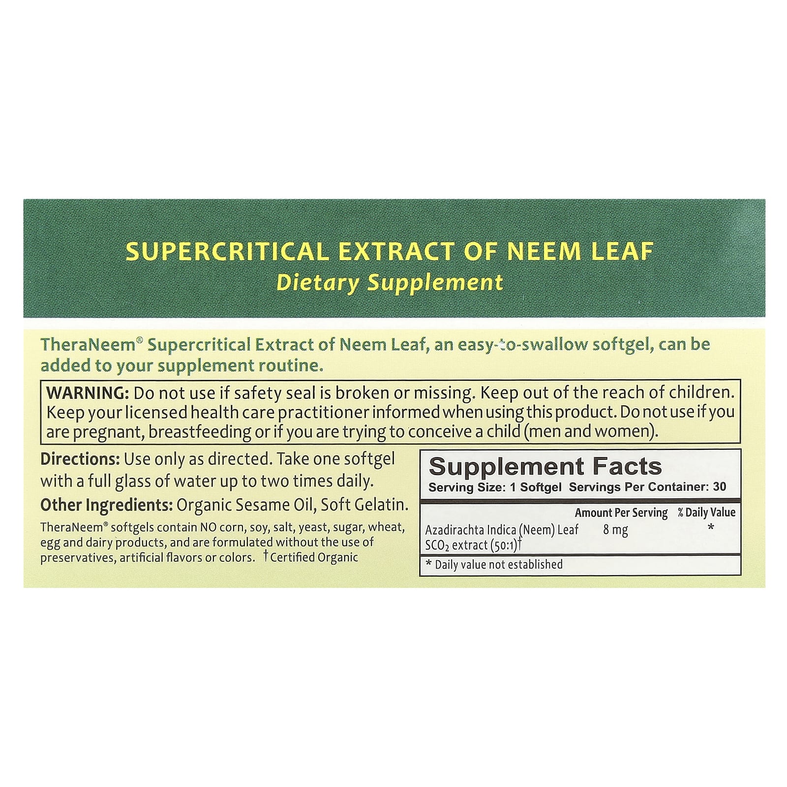 Листья нима Organix South TheraNeem® Naturals Supercritical Extract of, 8 мг, 30 мягких капсул — фото 2