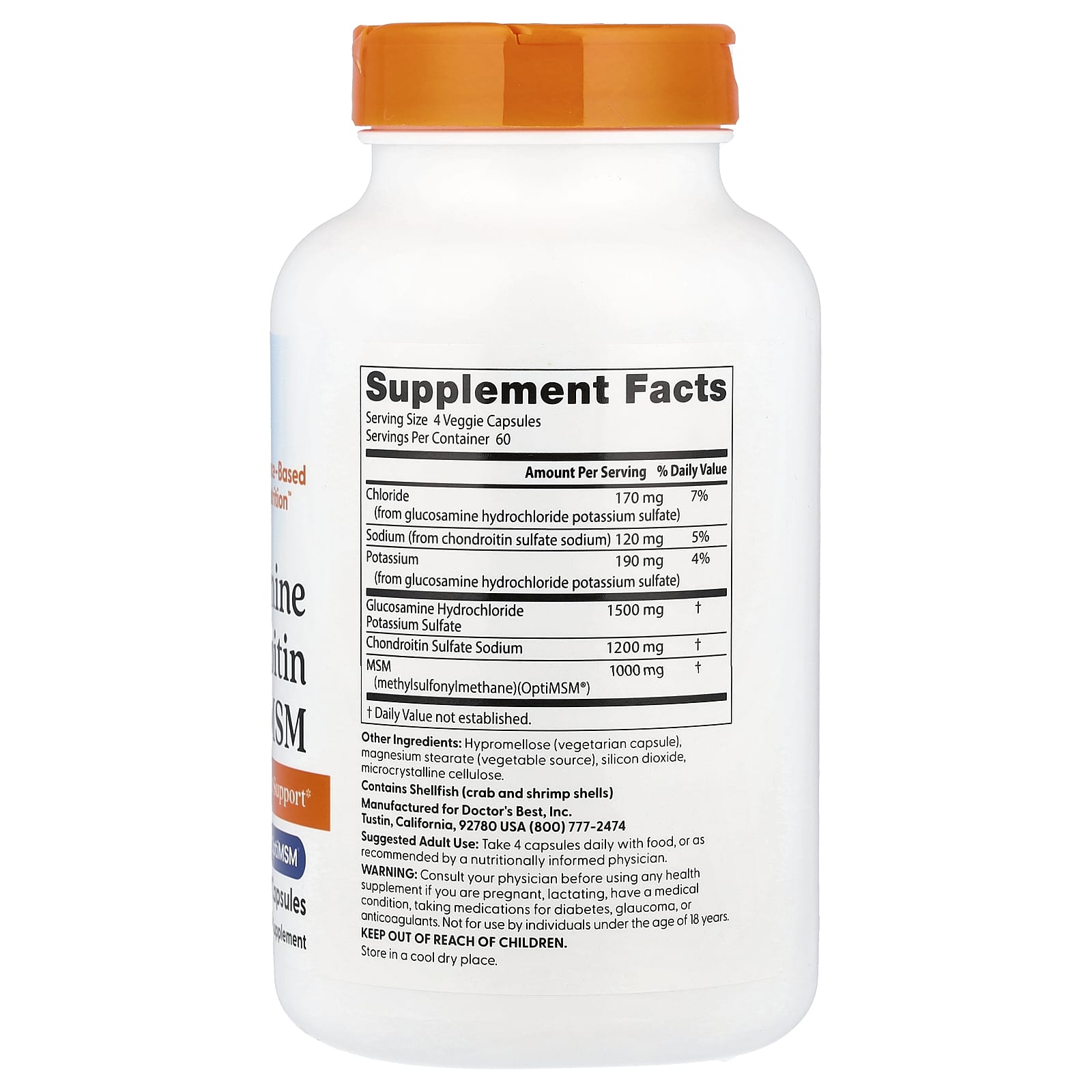 Хондроитин Doctor's Best Glucosamine MSM with OptiMSM®, 240 растительных капсул — фото 2