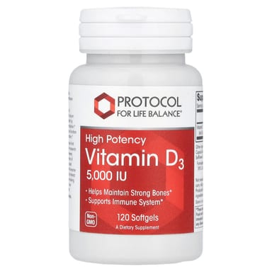 Витамин D3 Protocol for Life Balance High Potency, 125 мкг (5000 МЕ), 120 мягких капсул