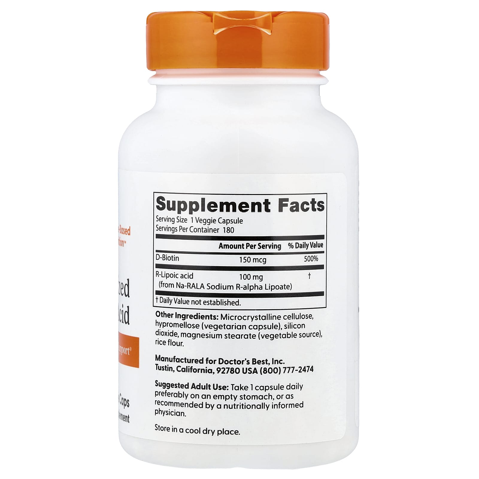 R-липоевая кислота Doctor's Best Stabilized R-Lipoic Acid, 100 мг, 180 растительных капсул — фото 2