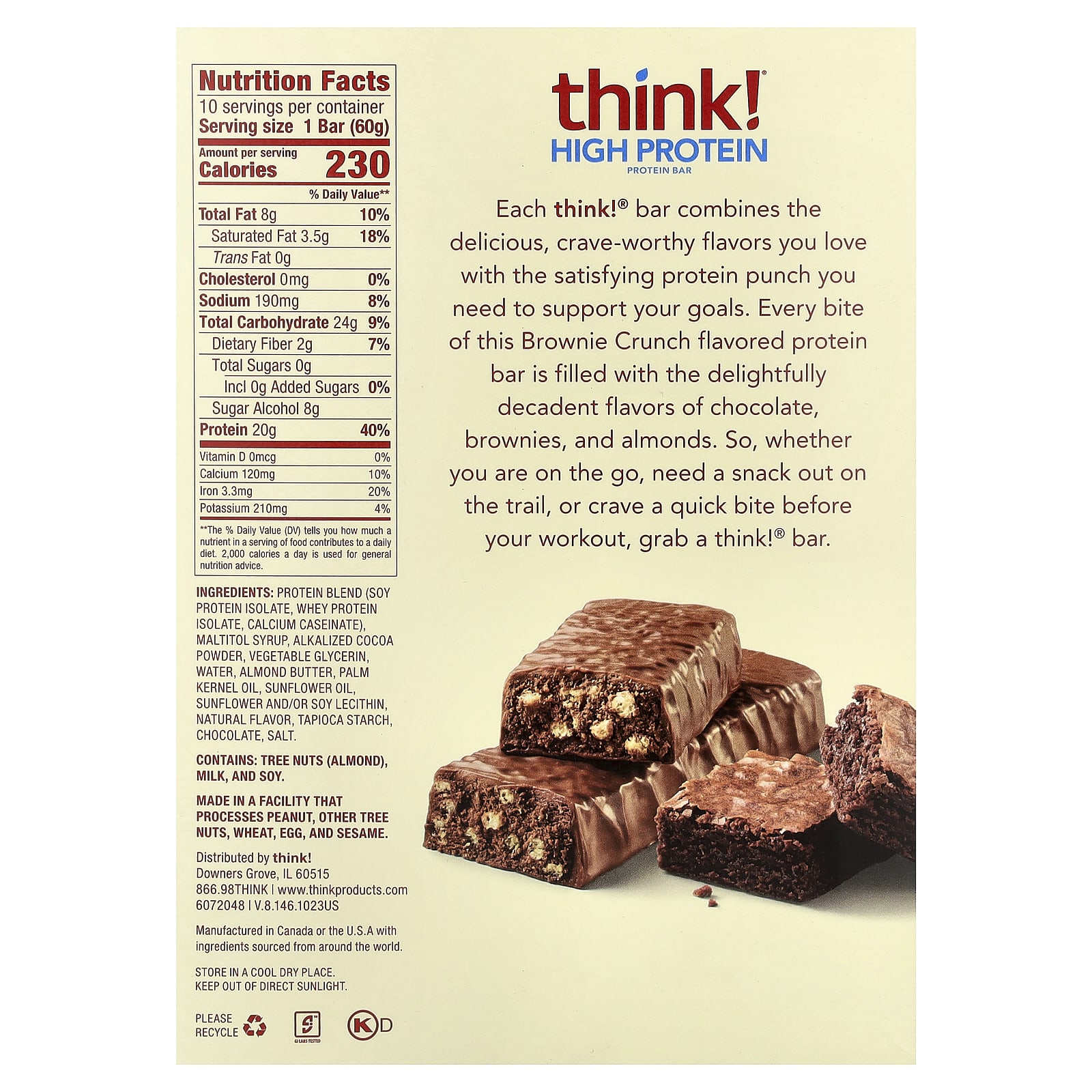 Протеин Think ! High Bars Brownie Crunch, 60 г, 10 шт., батончик — фото 3