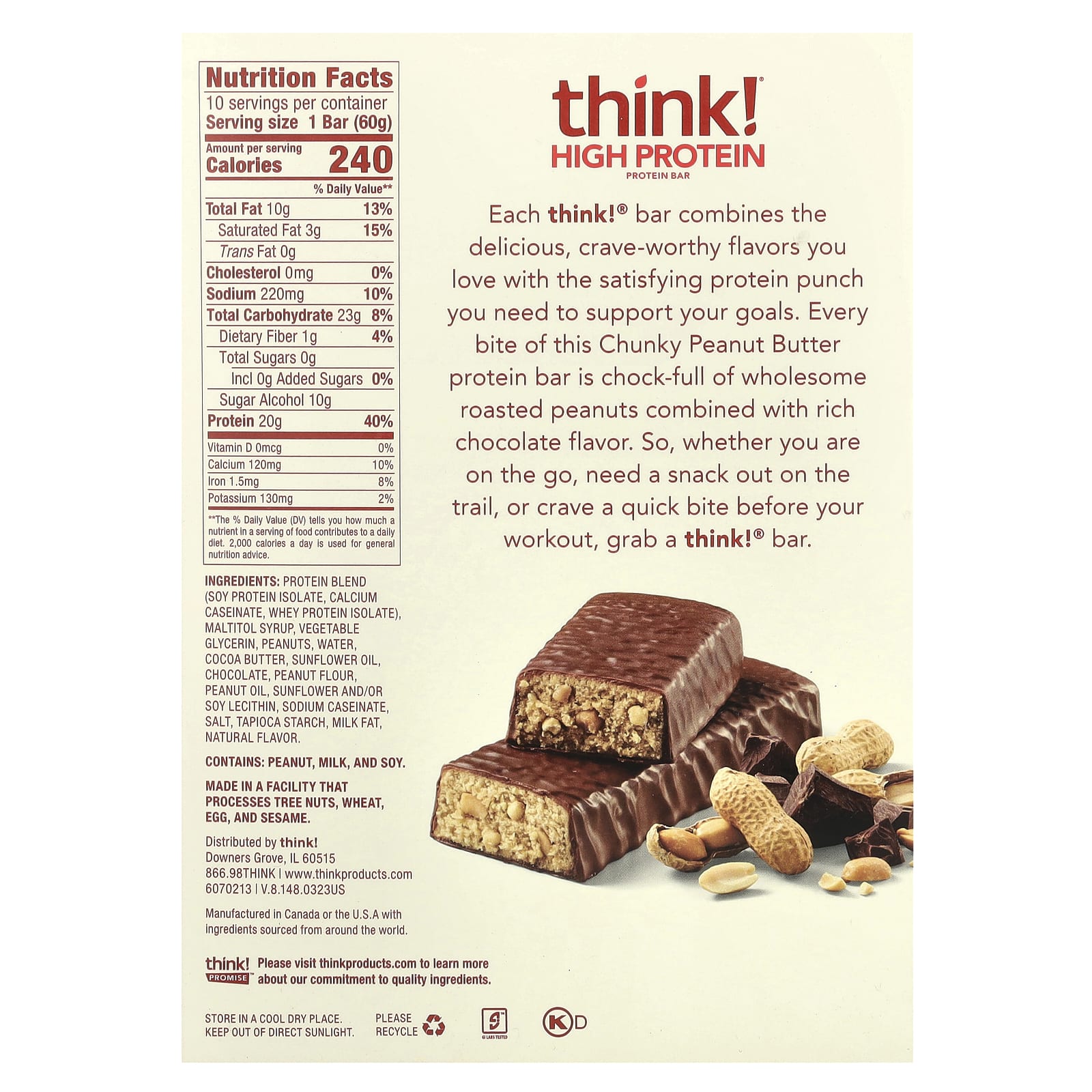 Арахисовая паста Think ! High Protein Bars Chunky, 60 г, 10 шт., батончик — фото 2
