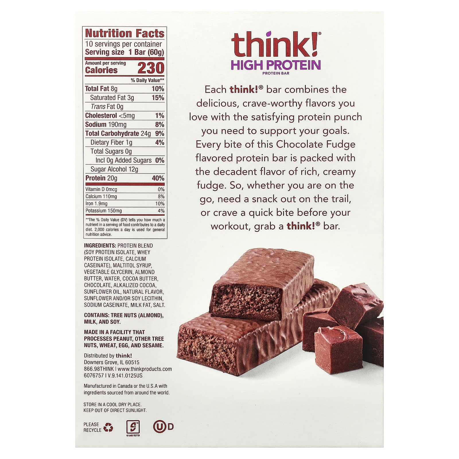 Шоколад Think ! High Protein Bars Fudge, 60 г, 10 шт., батончик — фото 2