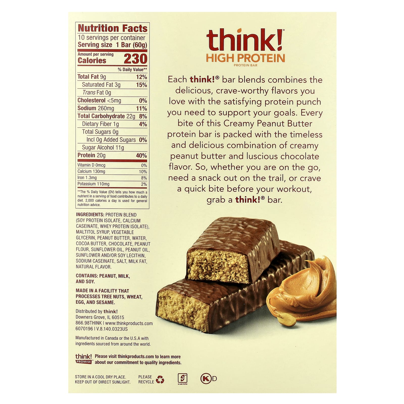 Арахисовая паста Think ! High Protein Bars Creamy, 60 г, 10 шт., батончик — фото 2