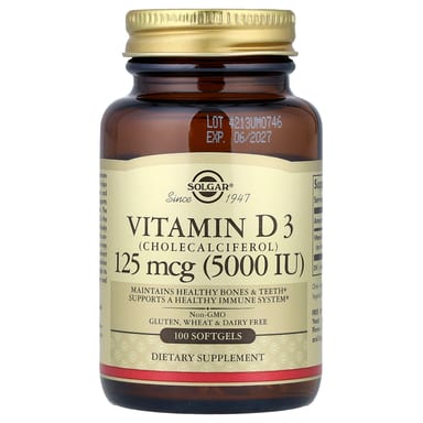 Витамин D3 Solgar (Cholecalciferol), 125 мкг (5000 МЕ), 100 мягких капсул