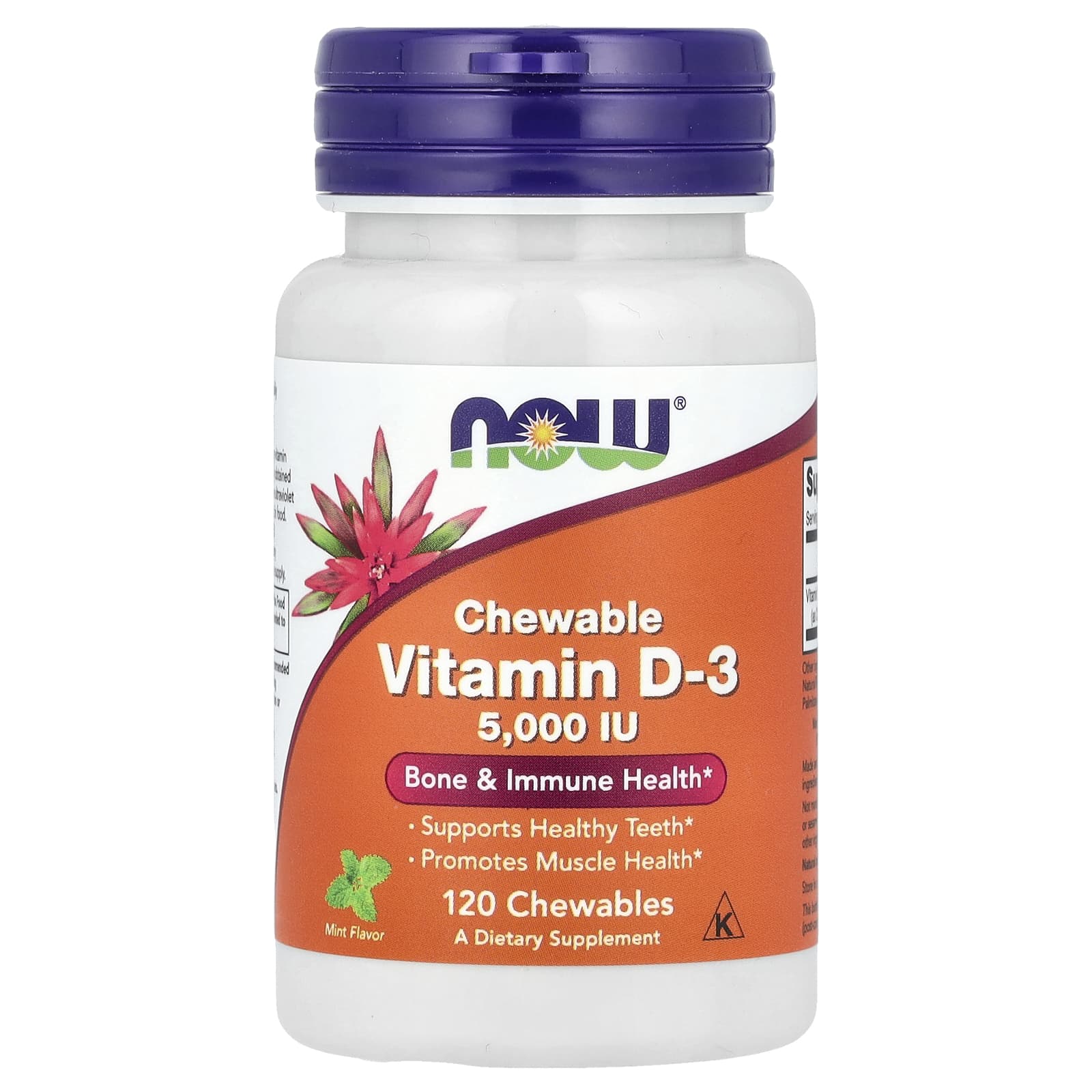 Жевательный витамин D3 NOW Foods, вкус Mint, 5000 МЕ, 120 жевательных таблеток