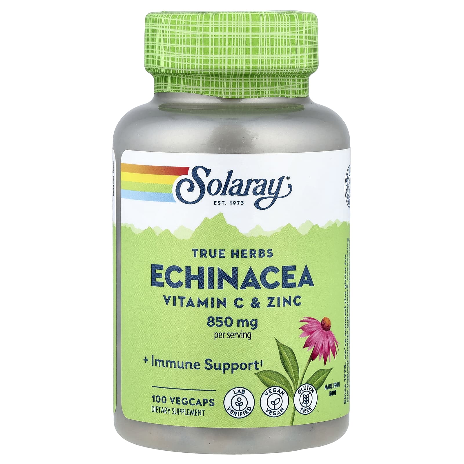 Эхинацея Solaray True Herbs Vitamin C & Zinc, 100 растительных капсул