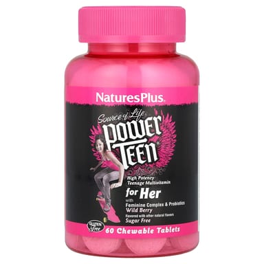 Мультивитамины для девочек-подростков NaturesPlus Source of Life® Power Teen® for Her, вкус Wild Berry, без сахара, 60 жевательных таблеток