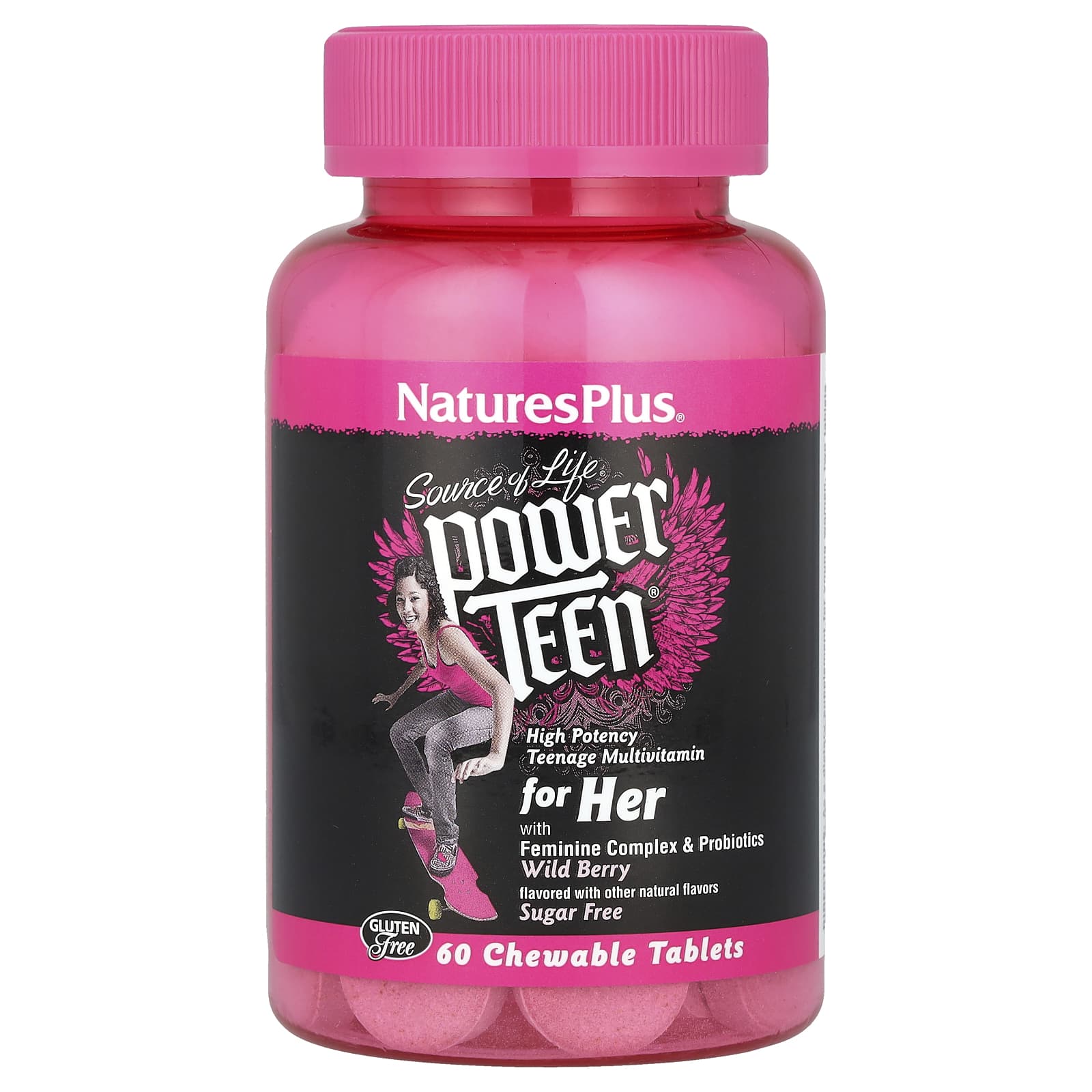 Мультивитамины для девочек-подростков NaturesPlus Source of Life® Power Teen® for Her, вкус Wild Berry, без сахара, 60 жевательных таблеток