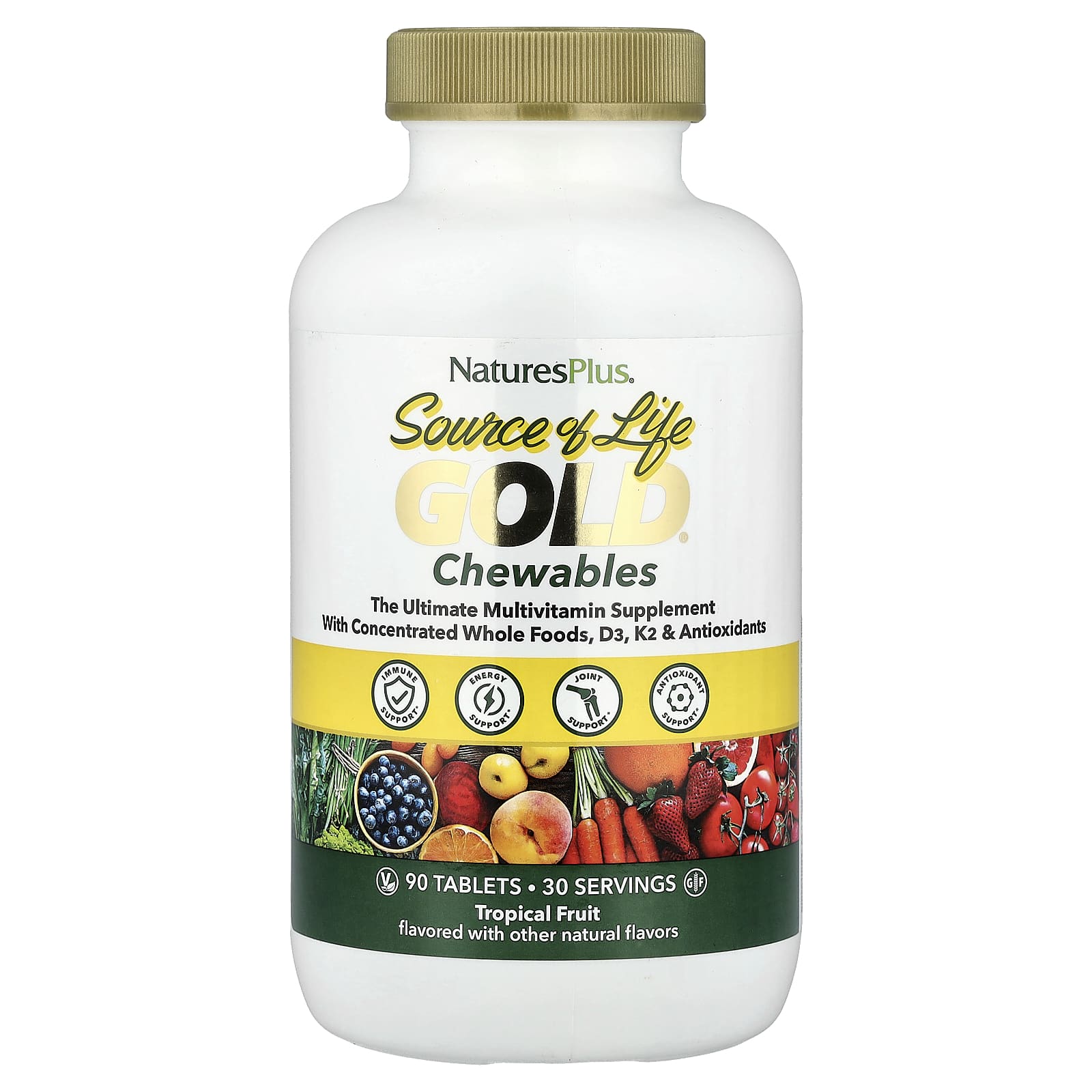 Жевательные мультивитамины NaturesPlus Source of Life Gold® Chewables, вкус Tropical Fruit, 90 таблеток