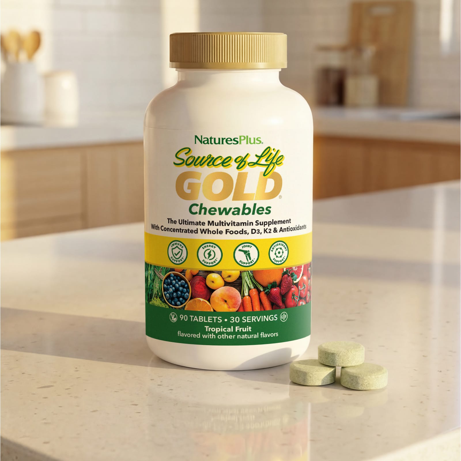 Жевательные мультивитамины NaturesPlus Source of Life Gold® Chewables, вкус Tropical Fruit, 90 таблеток — фото 6