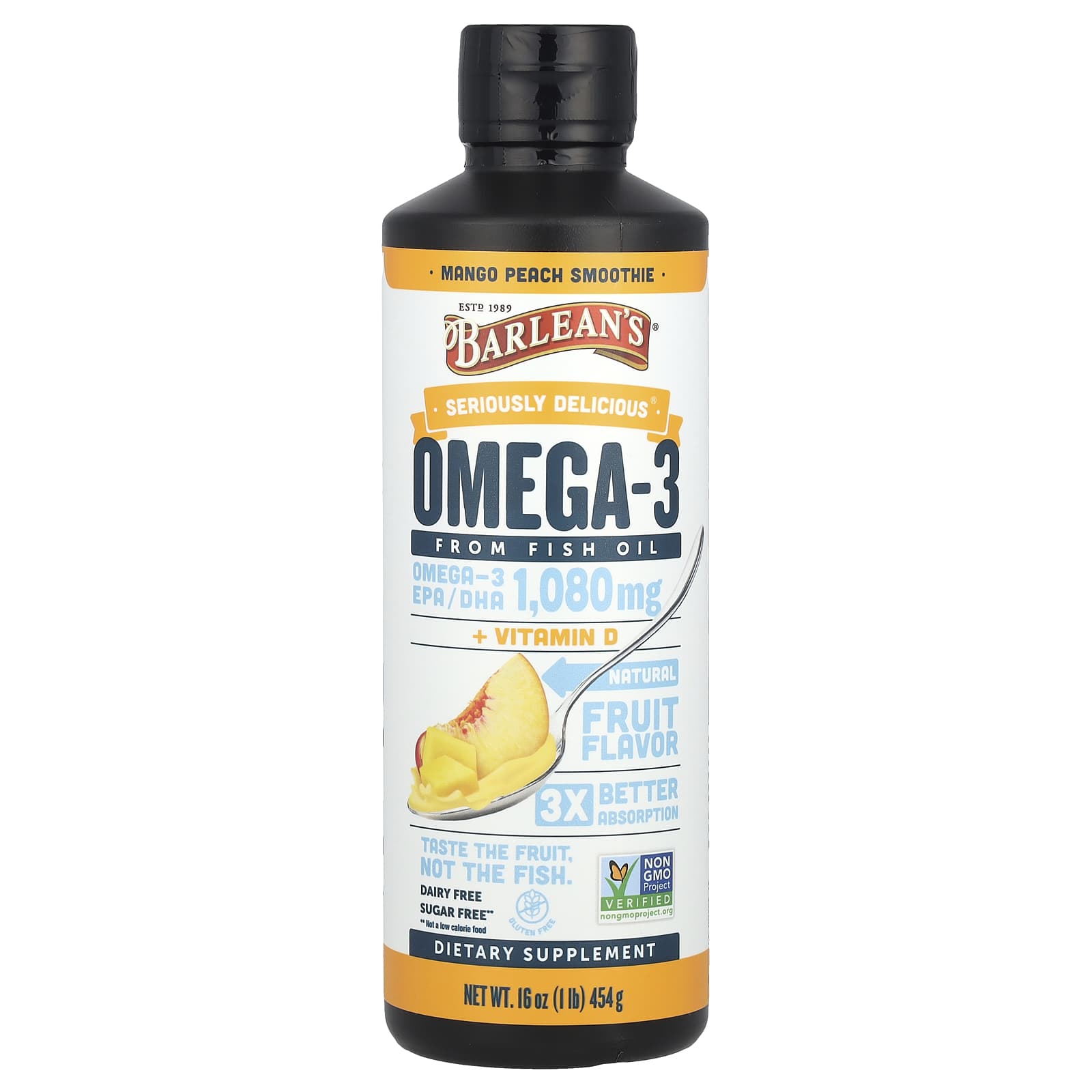 Витамин D Barlean's Seriously Delicious® Omega-3 From Fish Oil + Mango Peach Smoothie, 454 г, масло