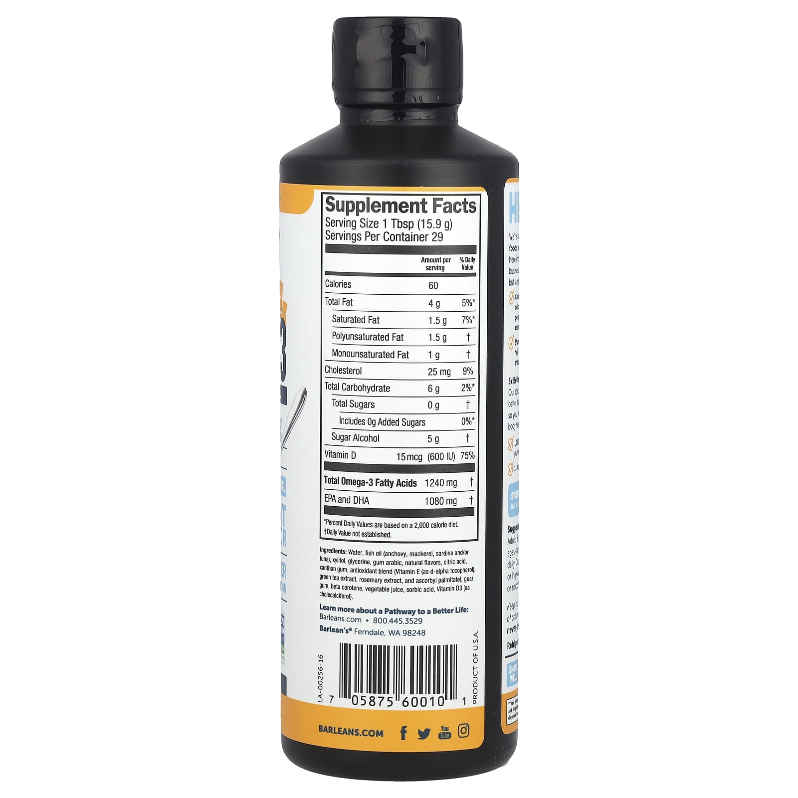 Витамин D Barlean's Seriously Delicious® Omega-3 From Fish Oil + Mango Peach Smoothie, 454 г, масло — фото 2