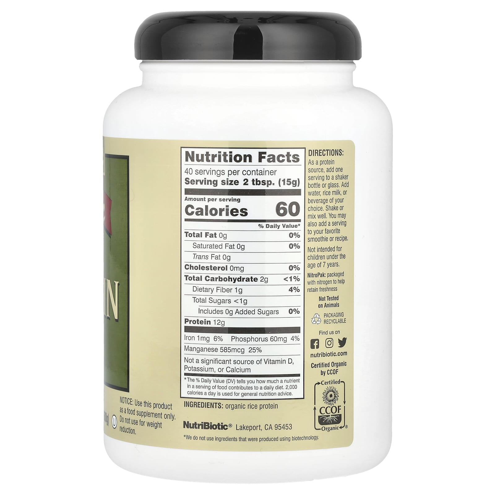 Протеиновый порошок NutriBiotic Organic Rice, оттенок Plain, 600 г, 1 lb — фото 2