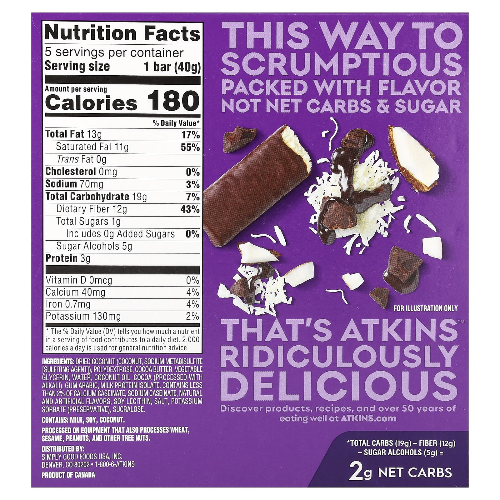 Шоколад Atkins Endulge™ Coconut Bar, 40 г, 5 шт., батончик — фото 3