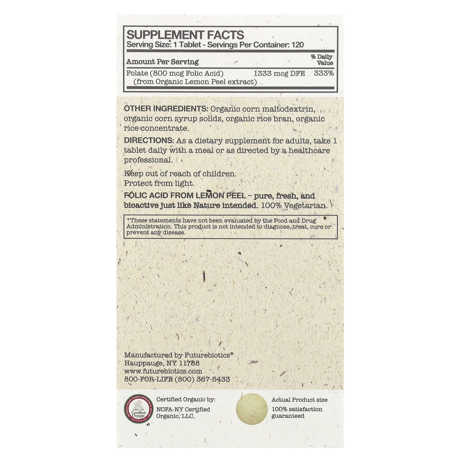 Фолиевая кислота Futurebiotics From Lemon Peel, 800 мкг, 120 растительных таблеток — фото 3