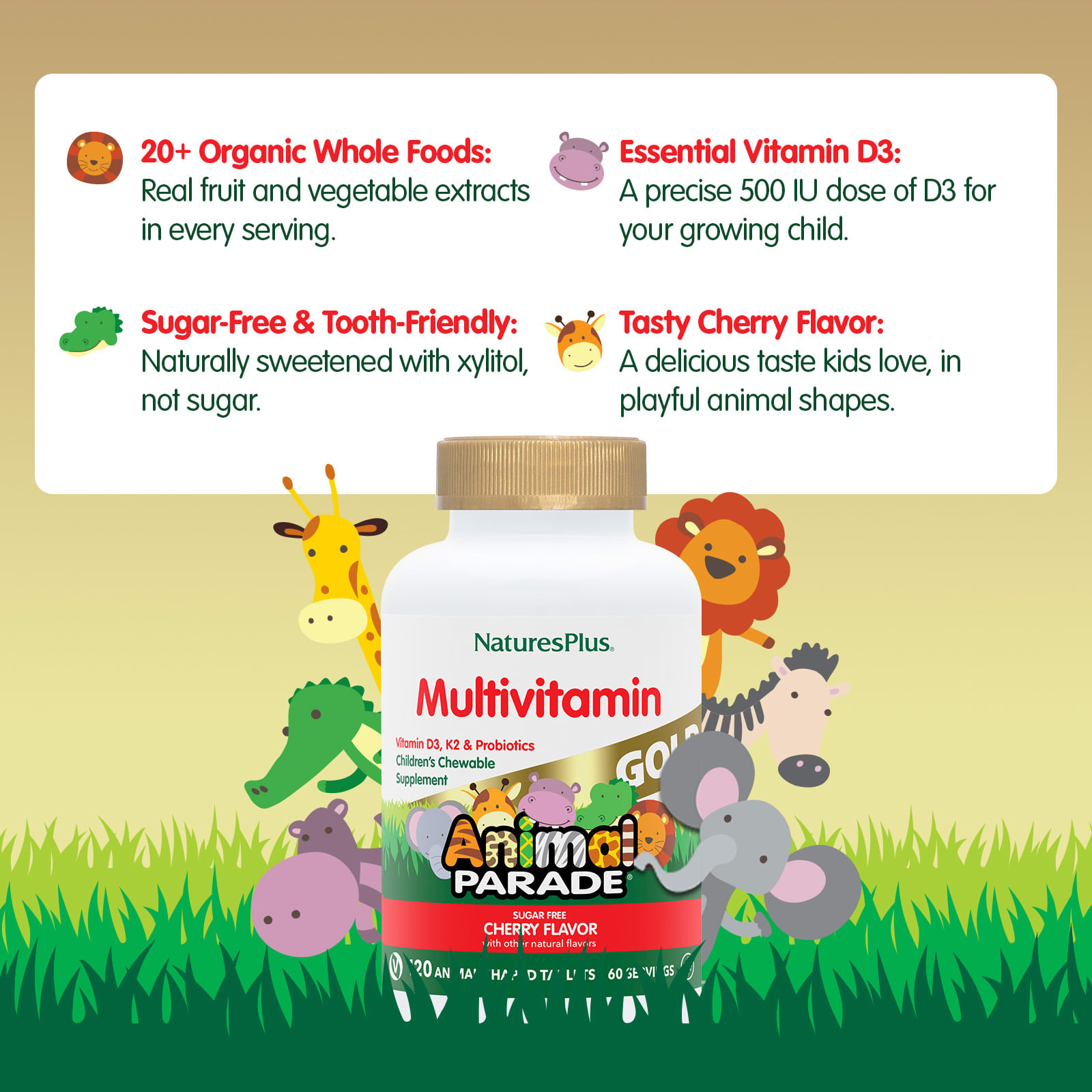 Детские жевательные мультивитамины NaturesPlus Animal Parade® Gold, вкус Cherry, 120 жевательных таблеток в форме животных — фото 4
