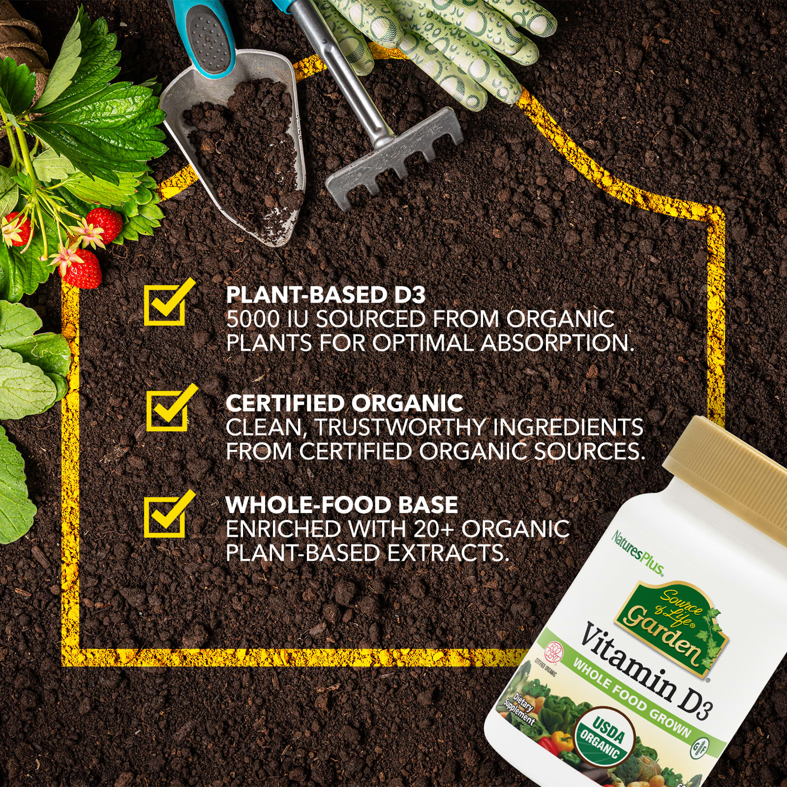 Витамин D3 NaturesPlus Source of Life® Garden®, 60 растительных капсул