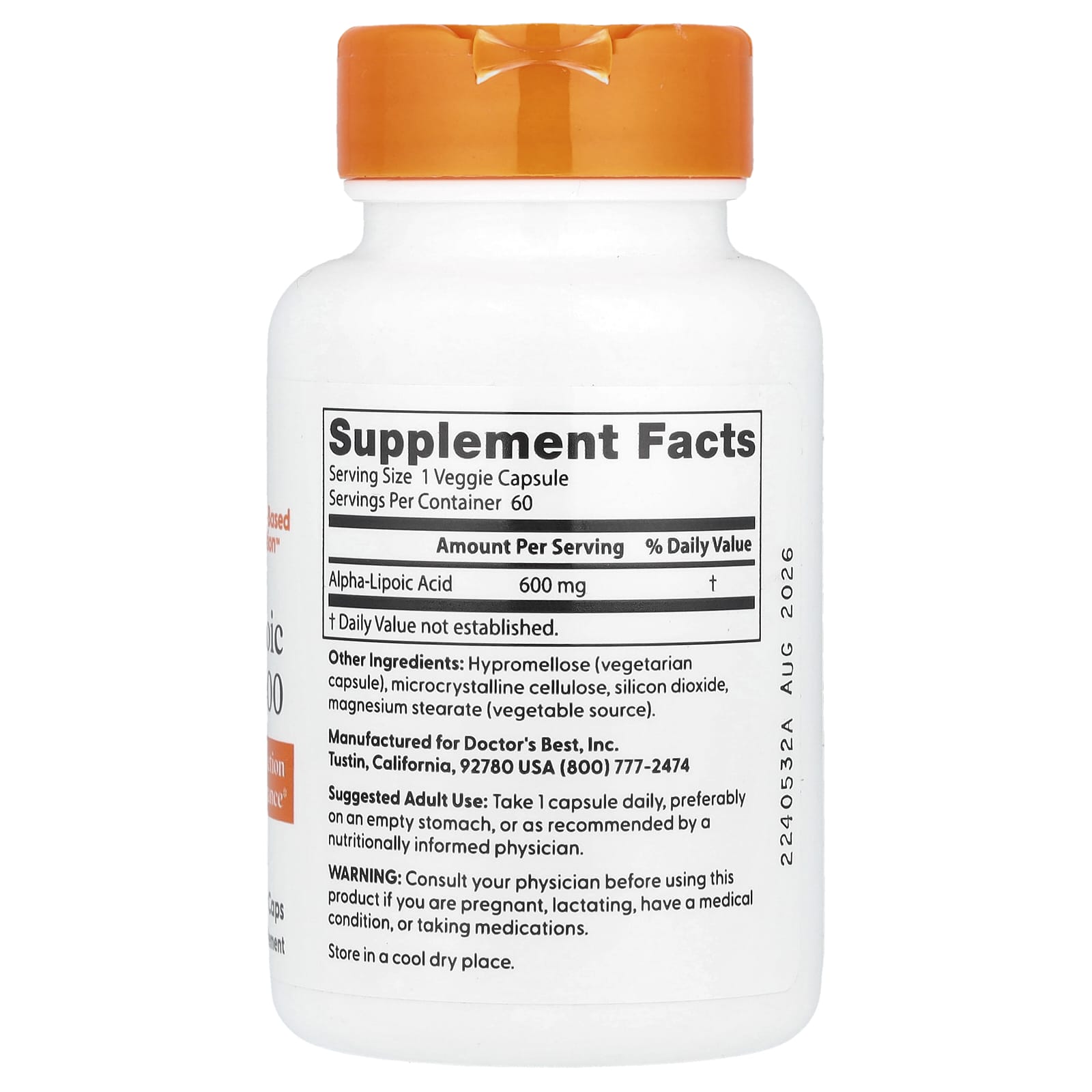 Альфа-липоевая кислота Doctor's Best Alpha-Lipoic Acid 600, 600 мг, 60 растительных капсул — фото 2