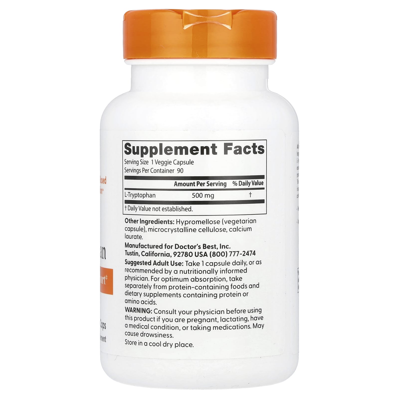 L-триптофан Doctor's Best L-Tryptophan, 500 мг, 90 растительных капсул — фото 2