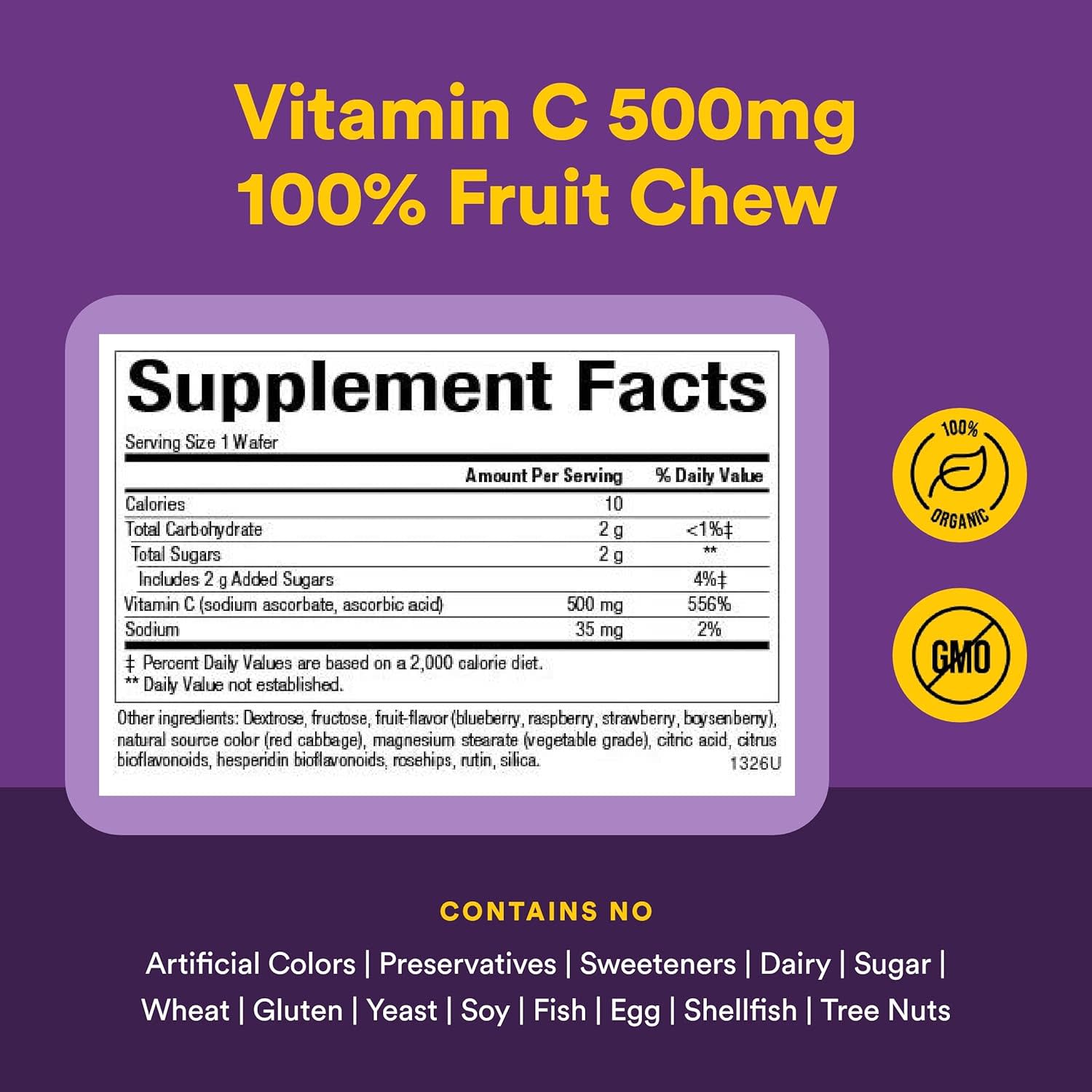 Витамин C Natural Factors Fruit-Flavor Chew Blueberry Raspberry and Boysenberry, оттенок 180 Chewable Wafers, 500 мг, жевательные добавки — фото 3