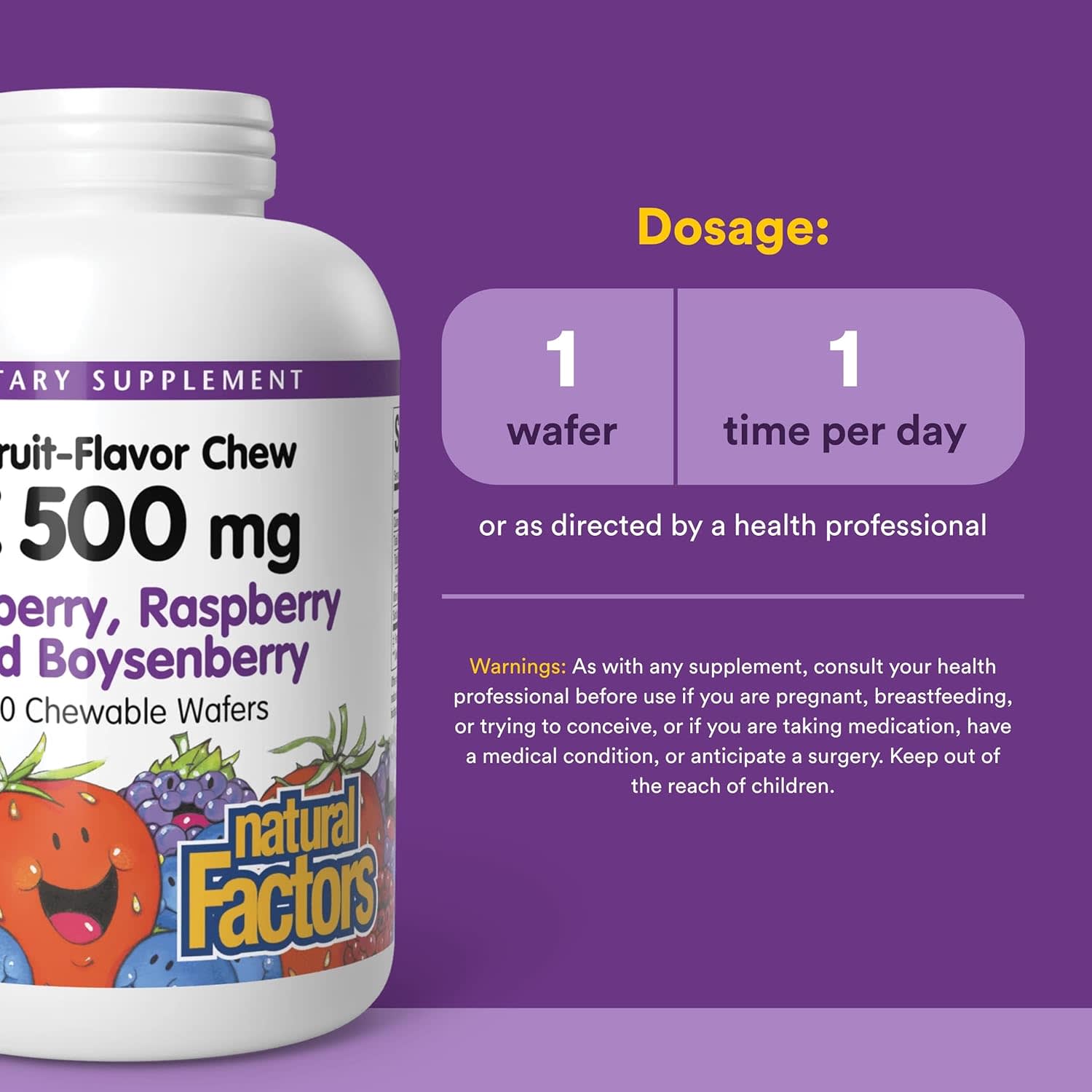 Витамин C Natural Factors Fruit-Flavor Chew Blueberry Raspberry and Boysenberry, оттенок 180 Chewable Wafers, 500 мг, жевательные добавки — фото 4