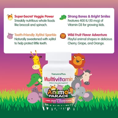 Детские жевательные мультивитамины NaturesPlus Animal Parade Cherry Grape & Orange, 90 жевательных таблеток в форме животных