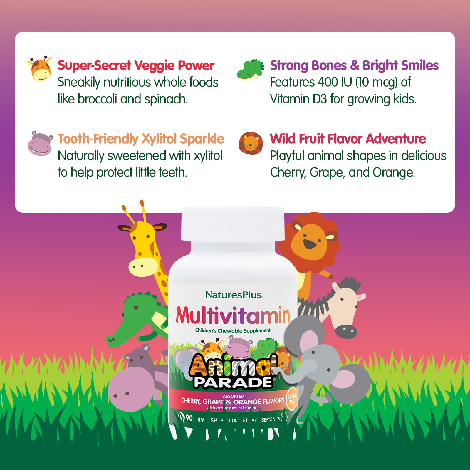 Детские жевательные мультивитамины NaturesPlus Animal Parade Cherry Grape & Orange, 90 жевательных таблеток в форме животных