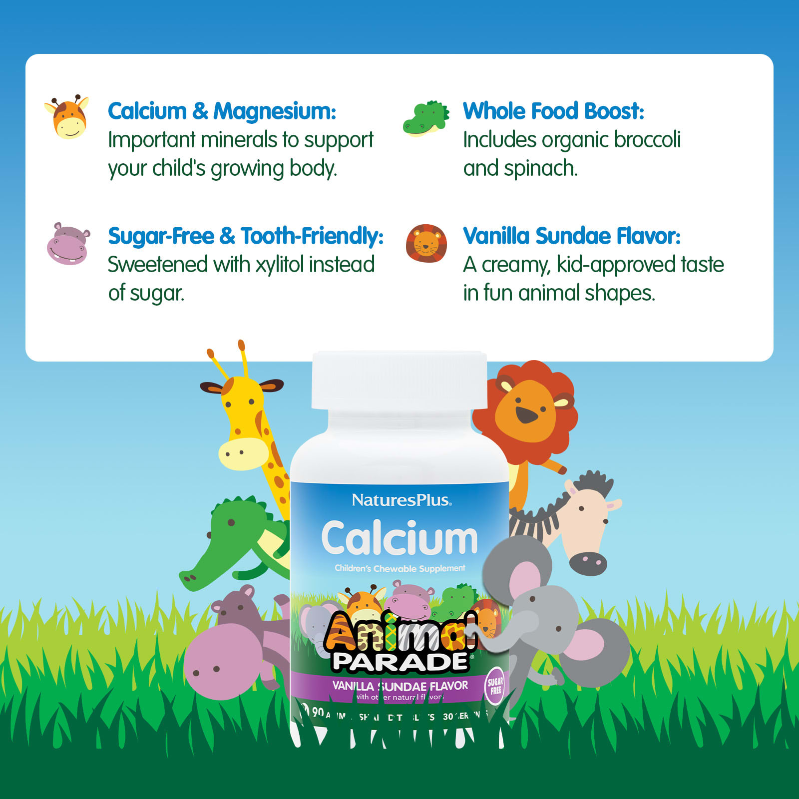 Детский жевательный кальций NaturesPlus Animal Parade®, вкус Vanilla Sundae, 90 жевательных таблеток в форме животных — фото 3