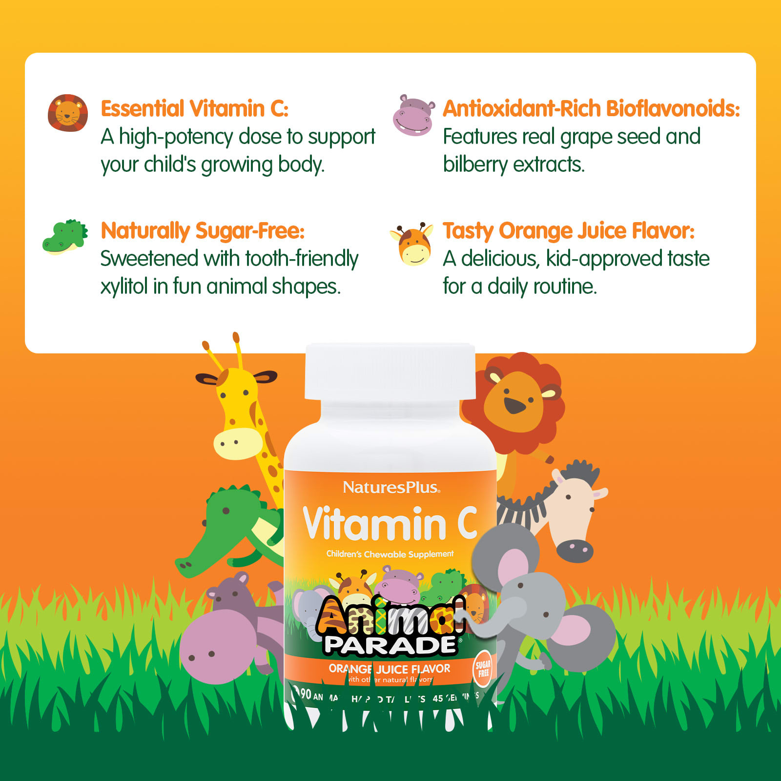 Детский жевательный витамин C NaturesPlus Animal Parade, без сахара, 90 жевательных таблеток в форме животных — фото 3
